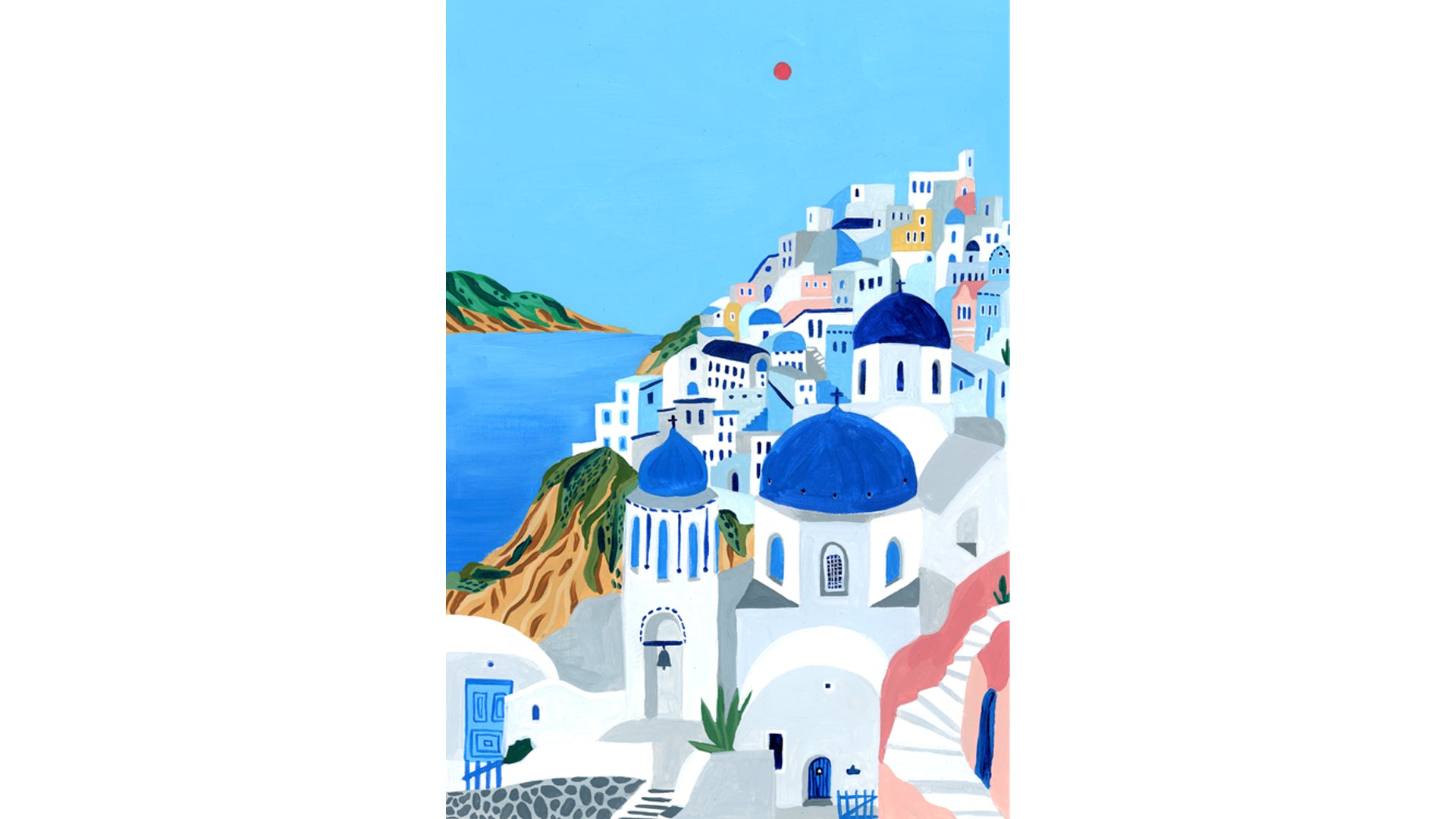 Greek Vibes-Colorful Art Illustration of Greek Island Santorini Landscape