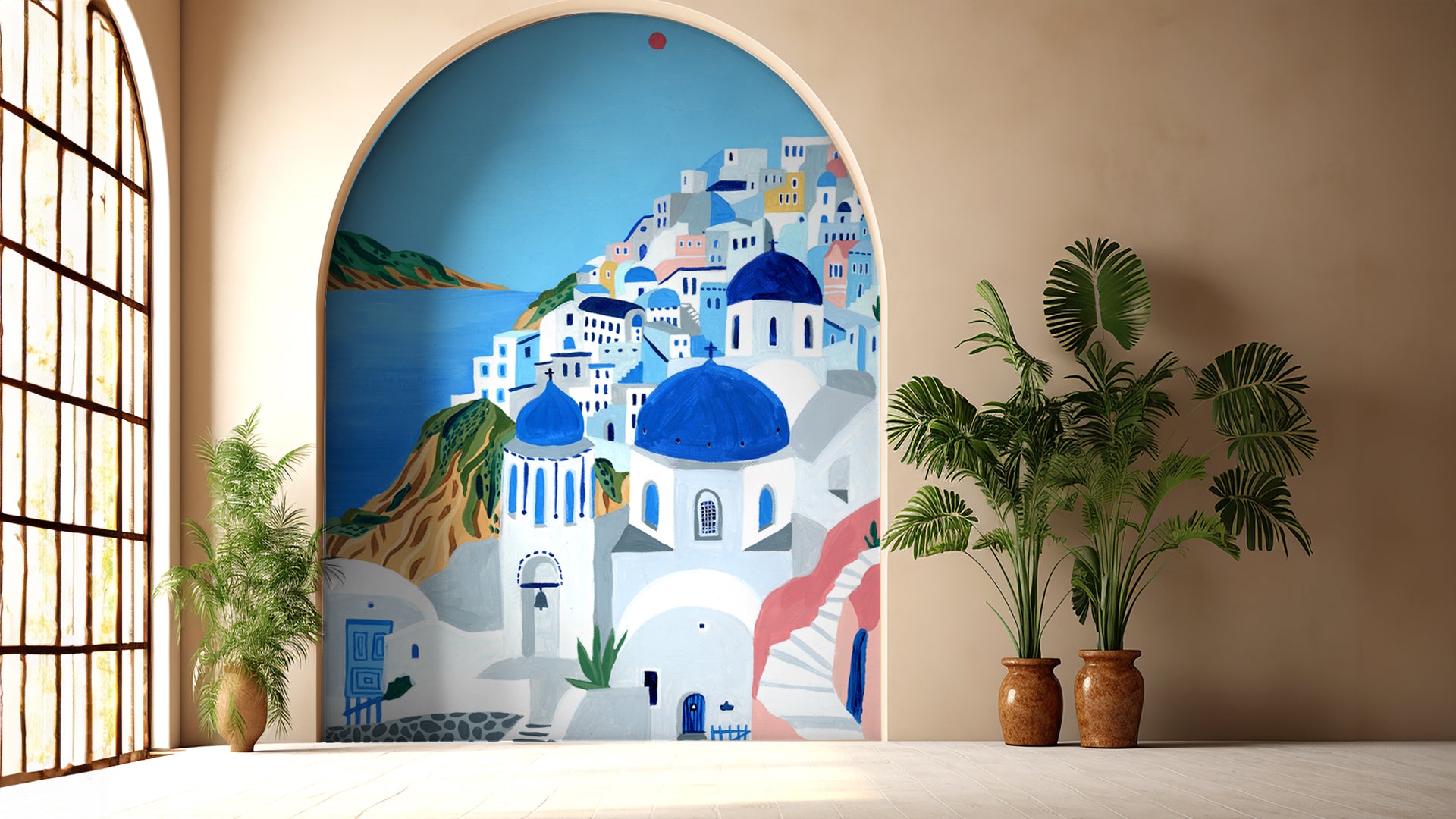 Greek Vibes-Colorful Art Illustration of Greek Island Santorini Landscape