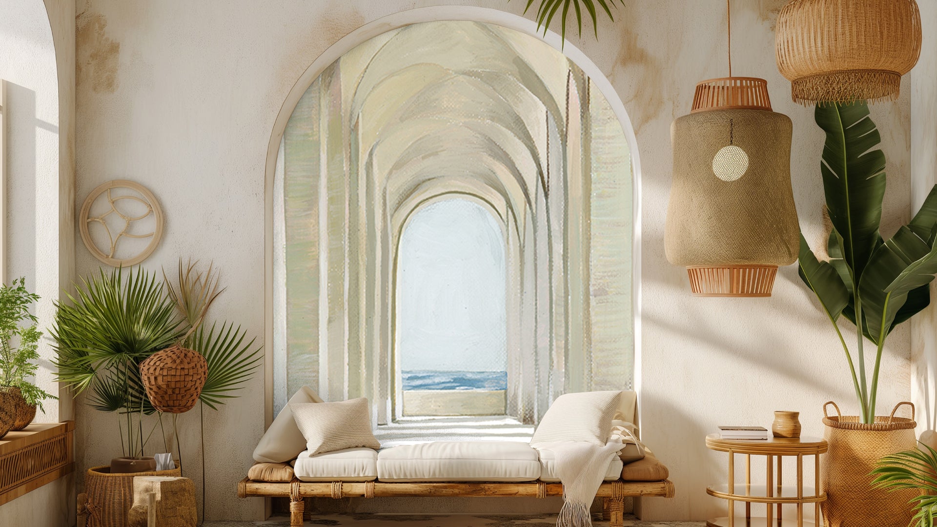 Serene Archways-  modern large wall mural with 3d corridor design