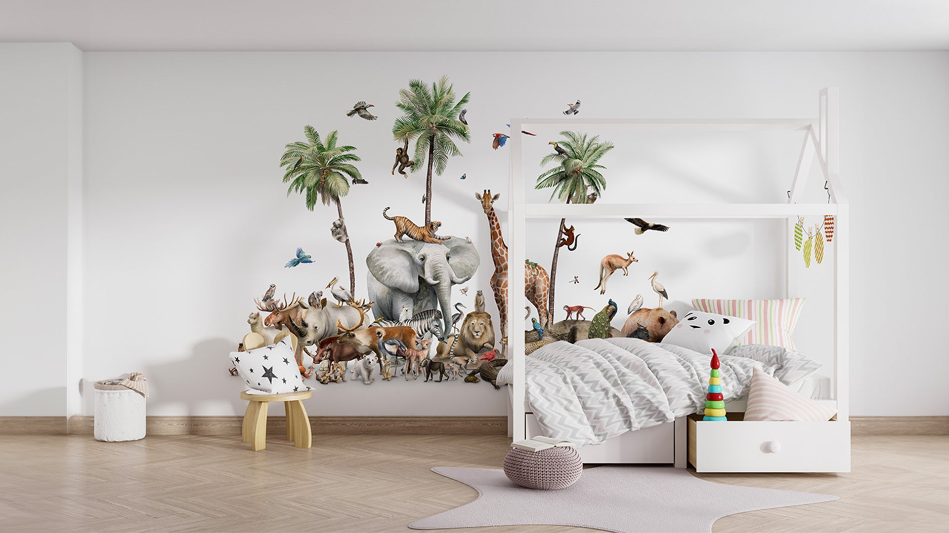 Large Group of Wildlife Animals Wallpaper for Kids Room