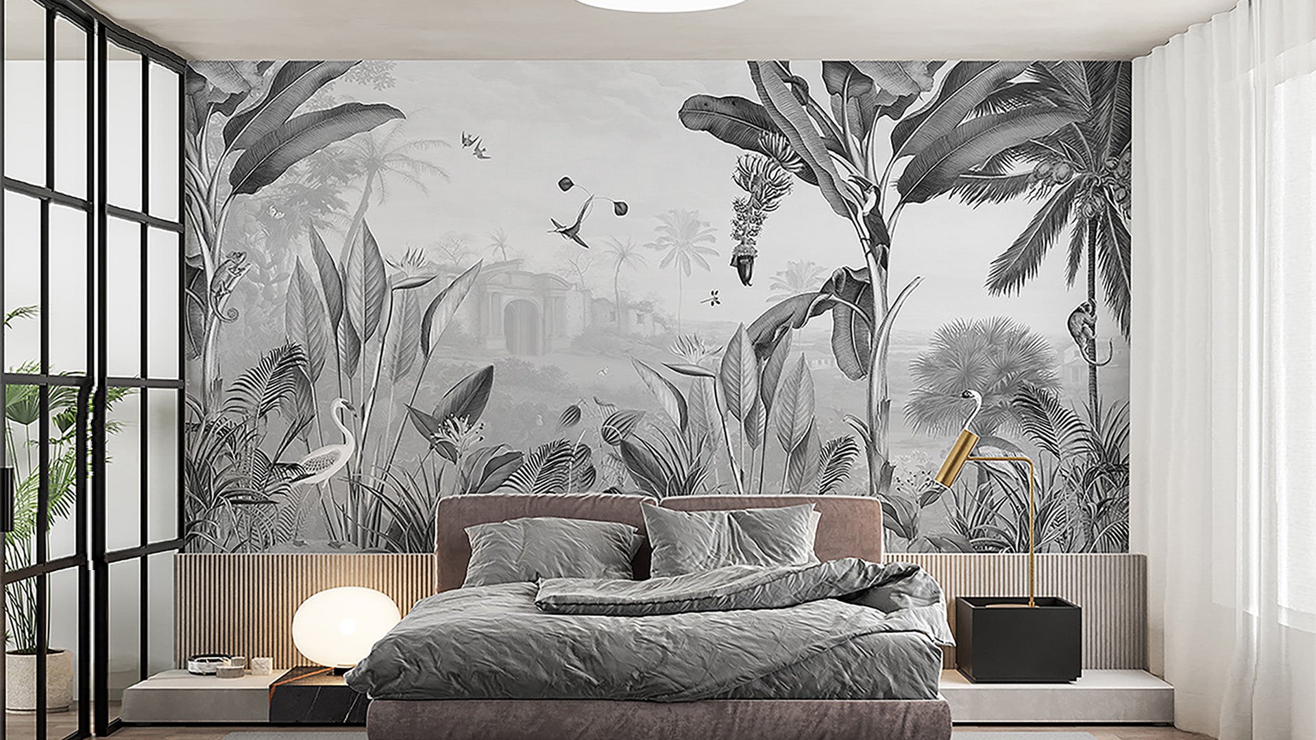 Monochrome tropical jungle Wallpaper with swans