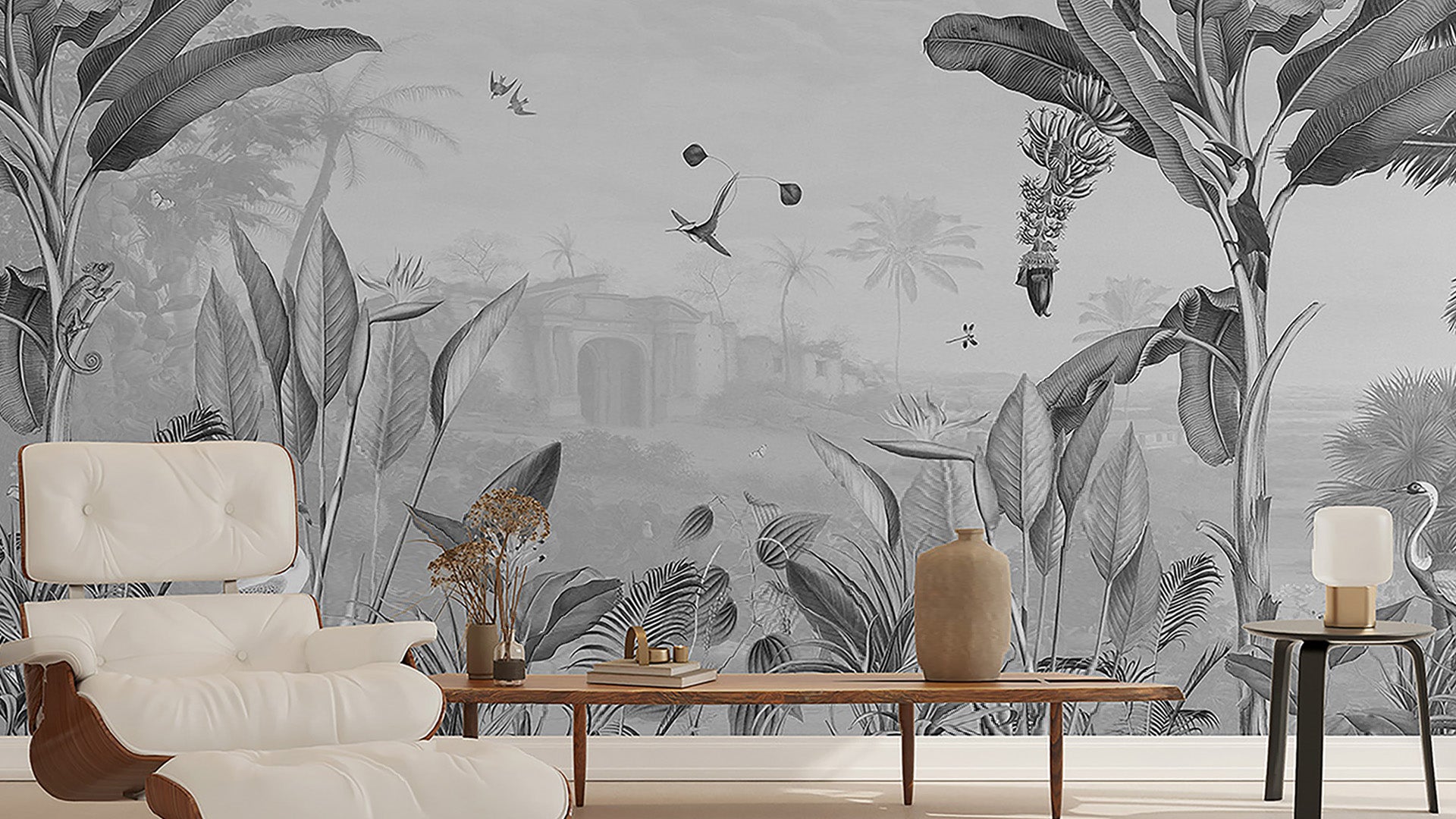 Monochrome tropical jungle Wallpaper with swans