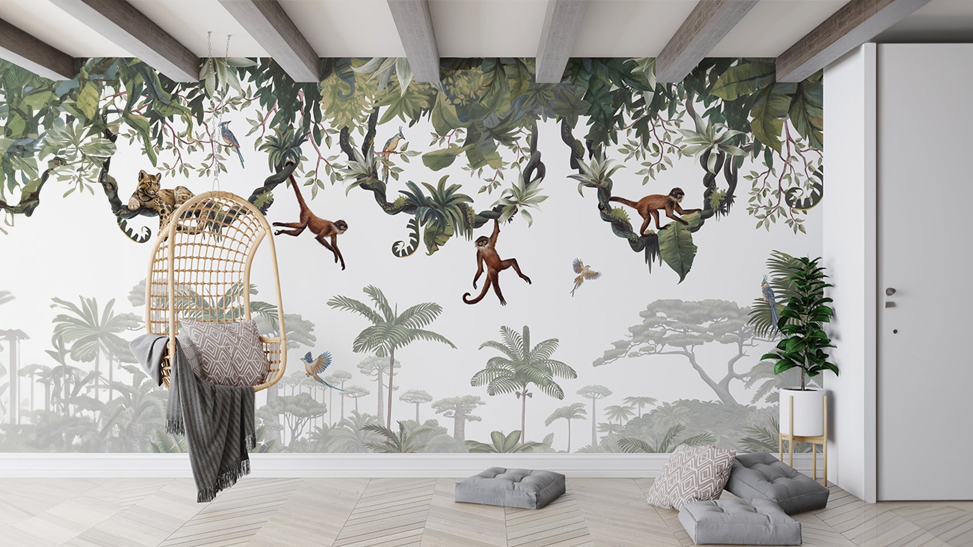 monkeys hanging on trees wallpaper for kids