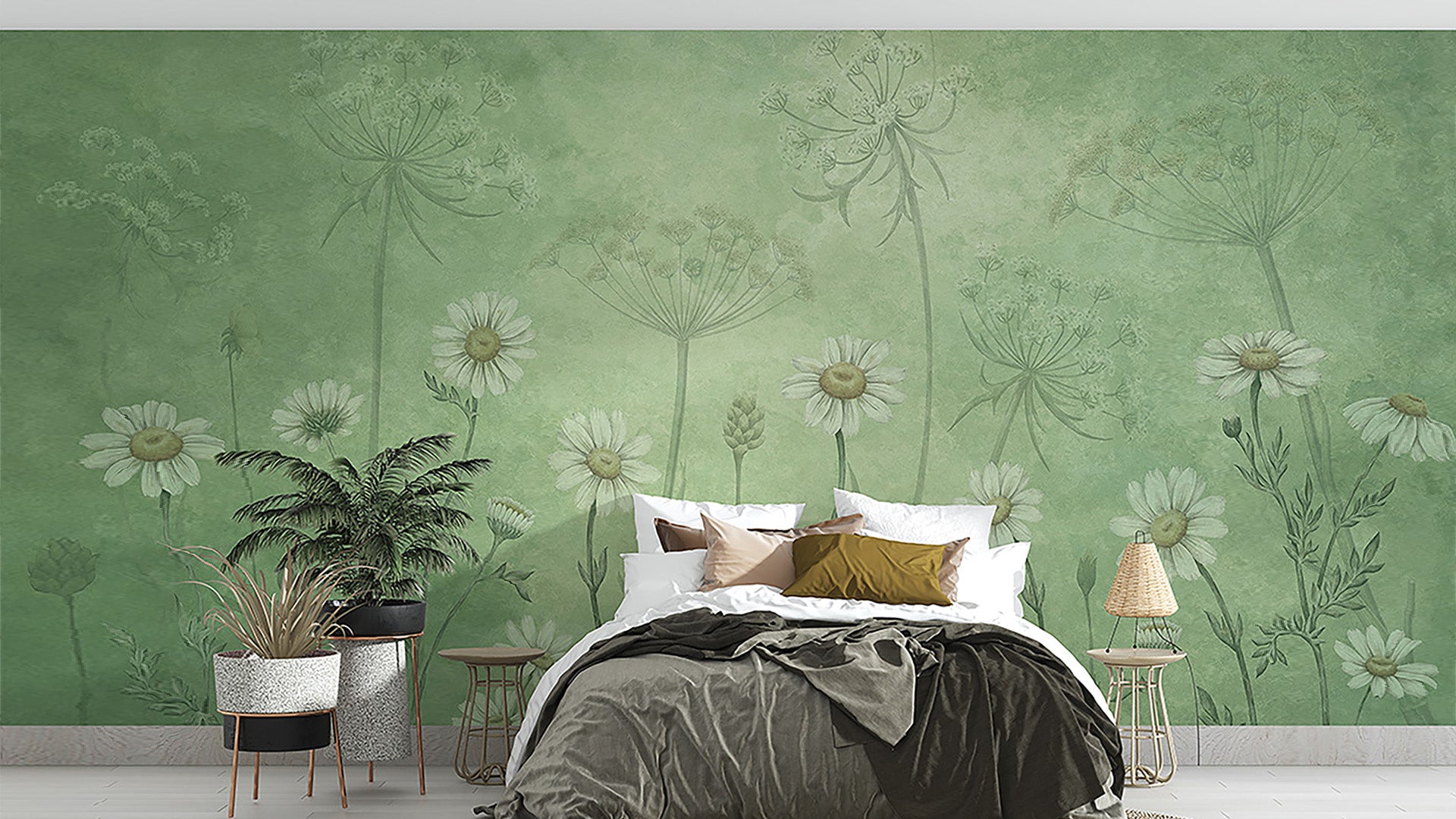 Vintage Field Wildflower with Green background Wallpaper for Walls