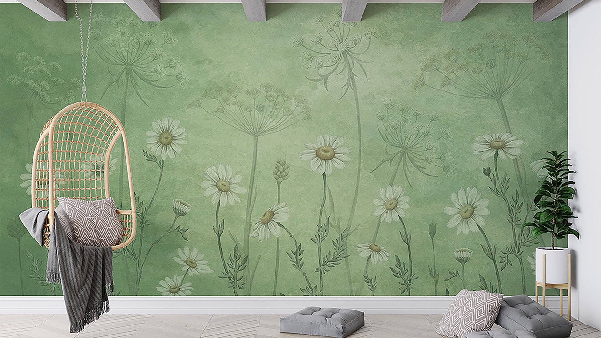 White daisies Wallpaper with slender green stems and leaves