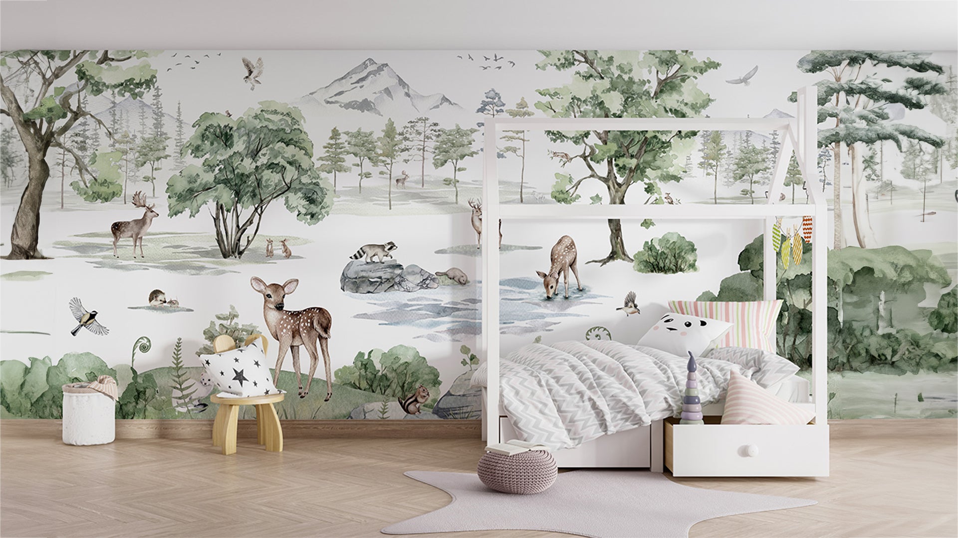 Forest wallpaper with deers and fox for Kids