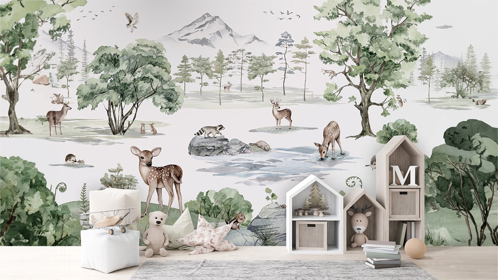 Forest wallpaper with deers and fox for Kids