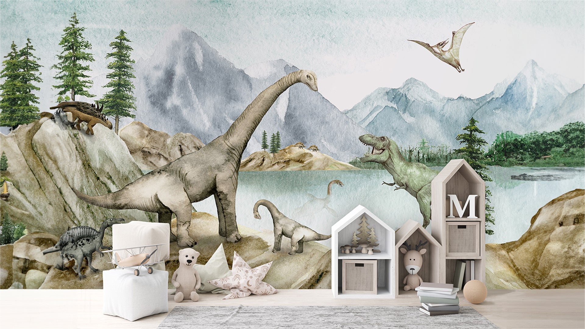 Dinosaurs in lake wallpaper for walls