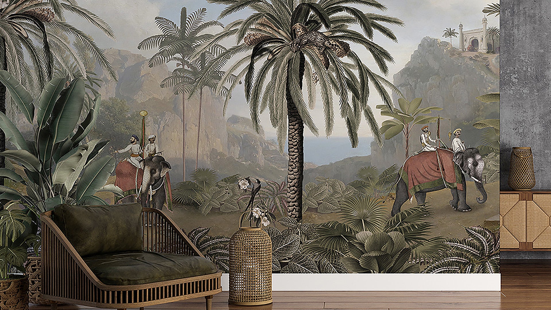 Forest Wallpaper with Elephants and leopards in the foreground