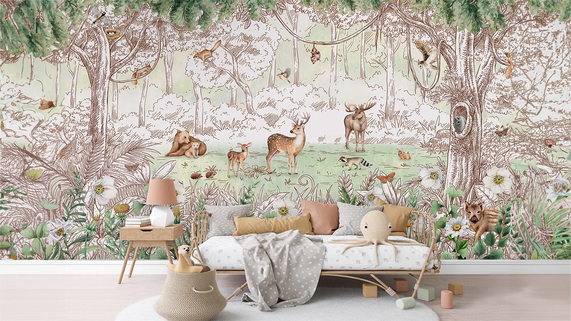 Spring forest wallpaper with animals