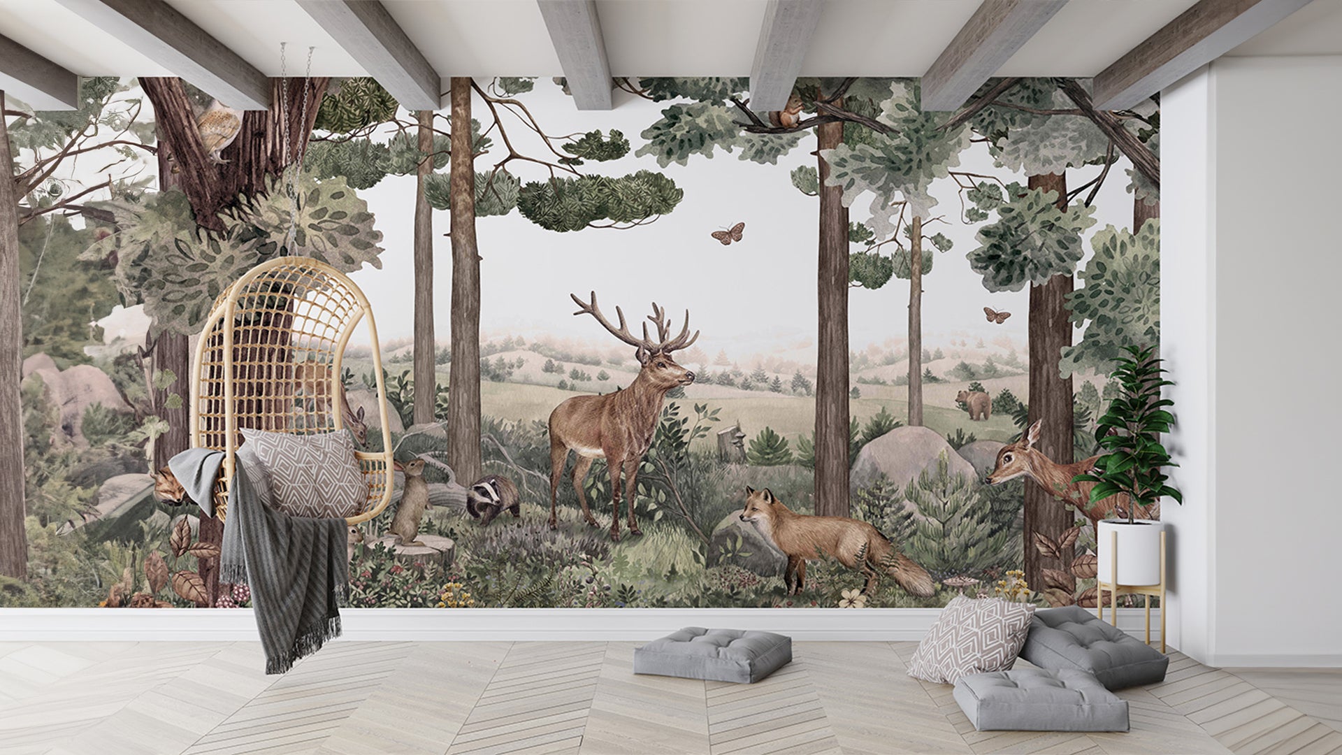 green forest wildlife kids room wallpaper