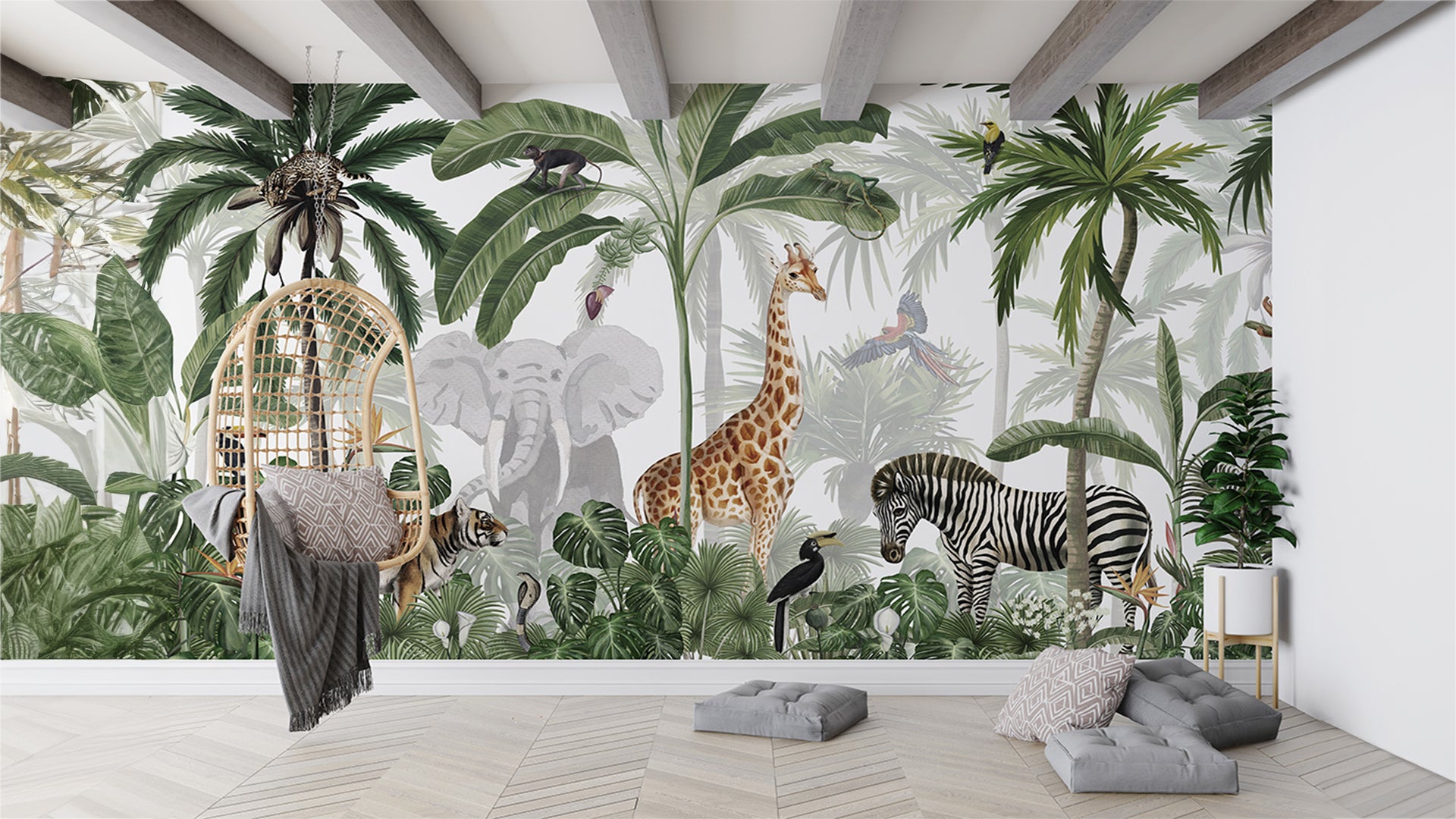 tropical green jungle wallpaper with animals and birds