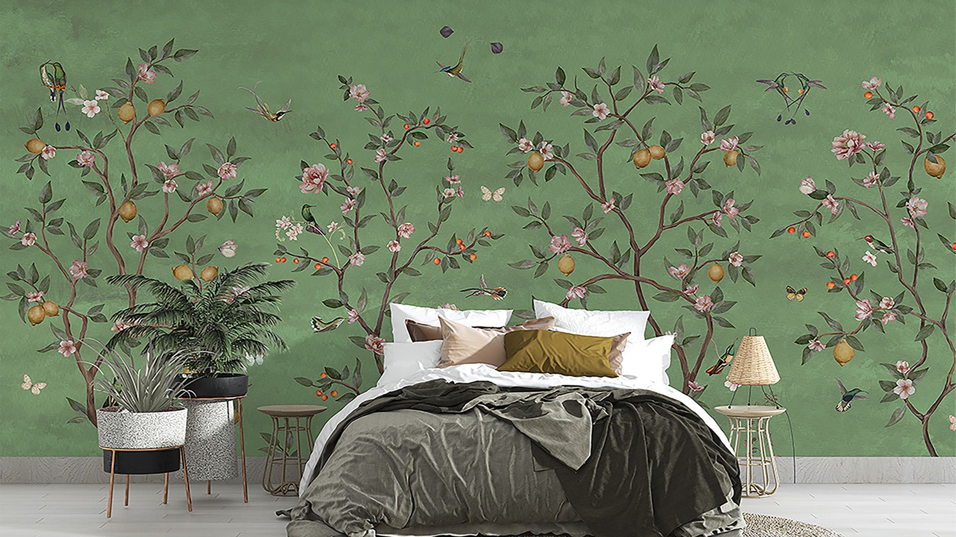 Green background lemon tree Wallpaper with Birds, Blossoms, and Butterflies