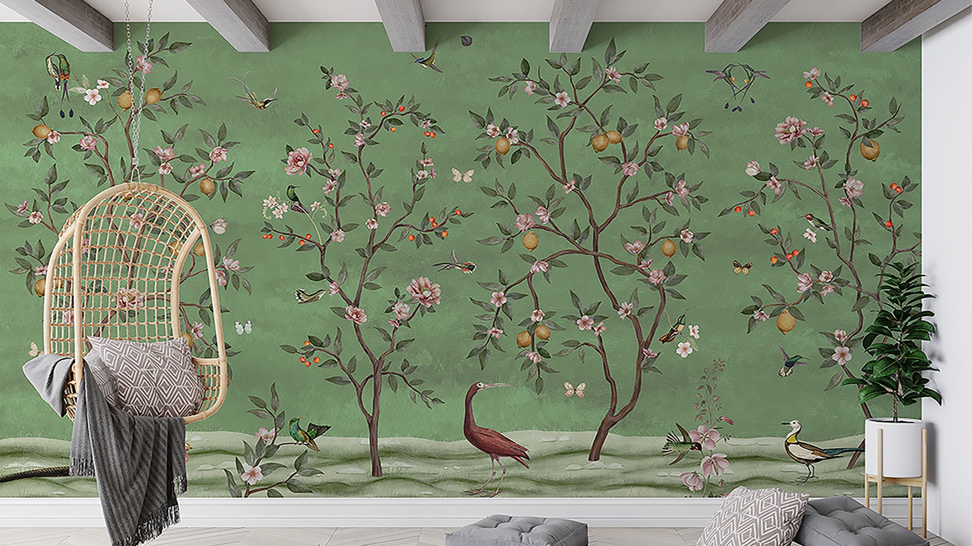 Green background lemon tree Wallpaper with Birds, Blossoms, and Butterflies