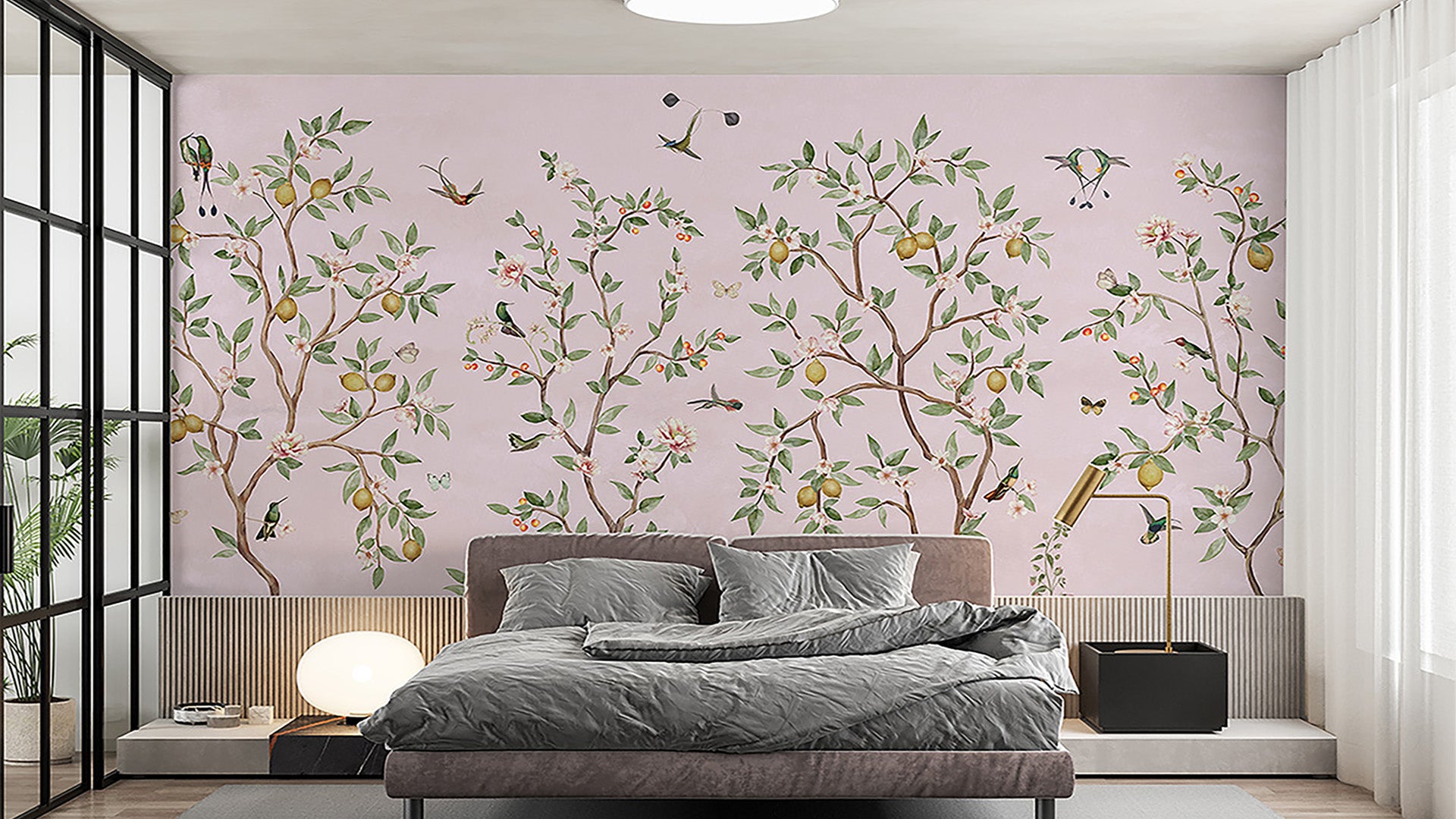 Pink background lemon tree Wallpaper with Birds, Blossoms, and Butterflies