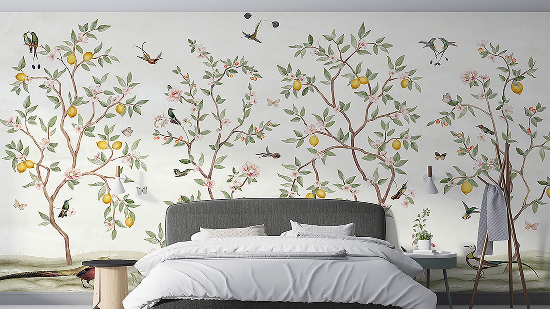 Pastel lemon tree Wallpaper with Birds, Blossoms, and Butterflies