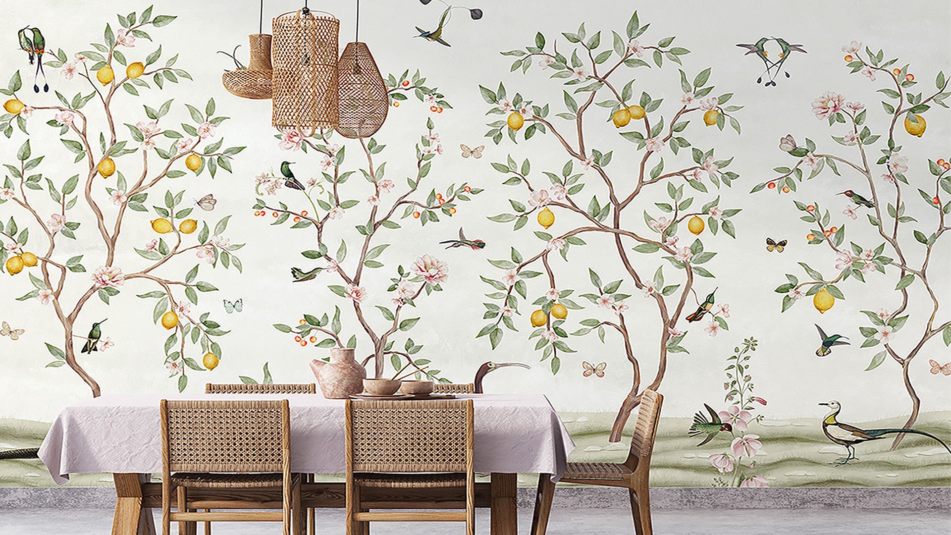 Pastel lemon tree Wallpaper with Birds, Blossoms, and Butterflies