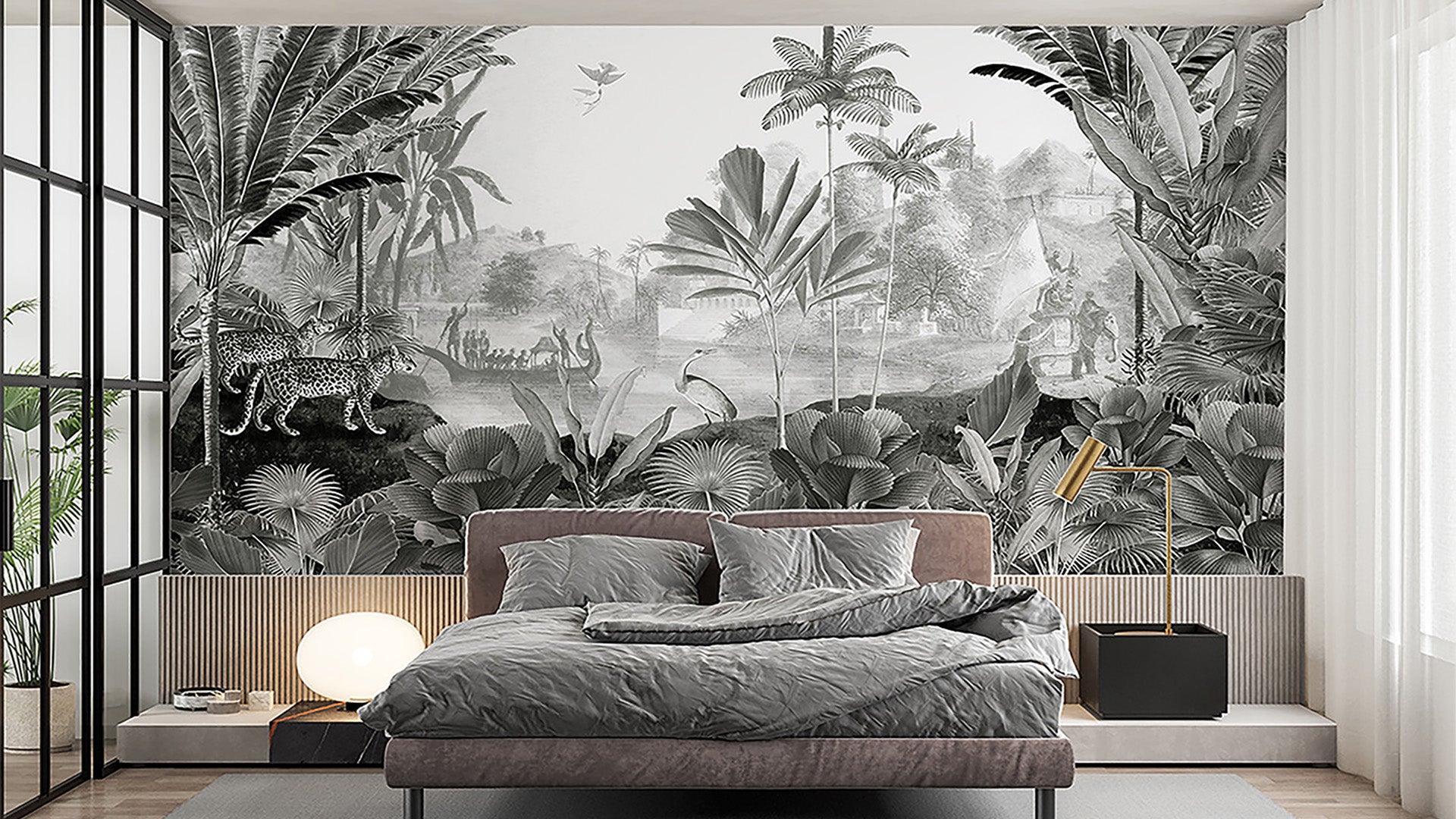 Monochromatic Wallpaper with huge trees, Leopards and Elephants