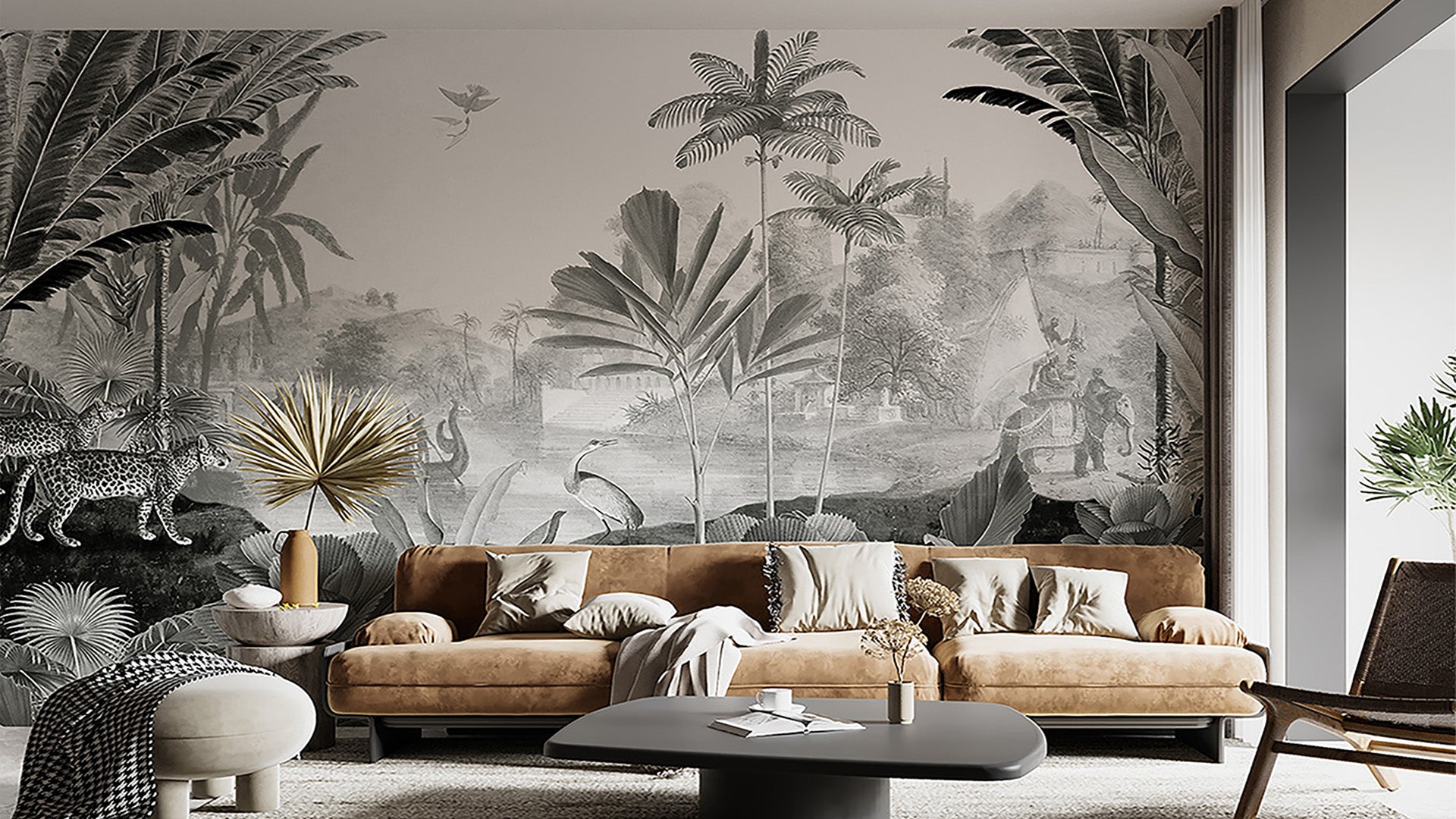 Monochromatic Wallpaper with huge trees, Leopards and Elephants