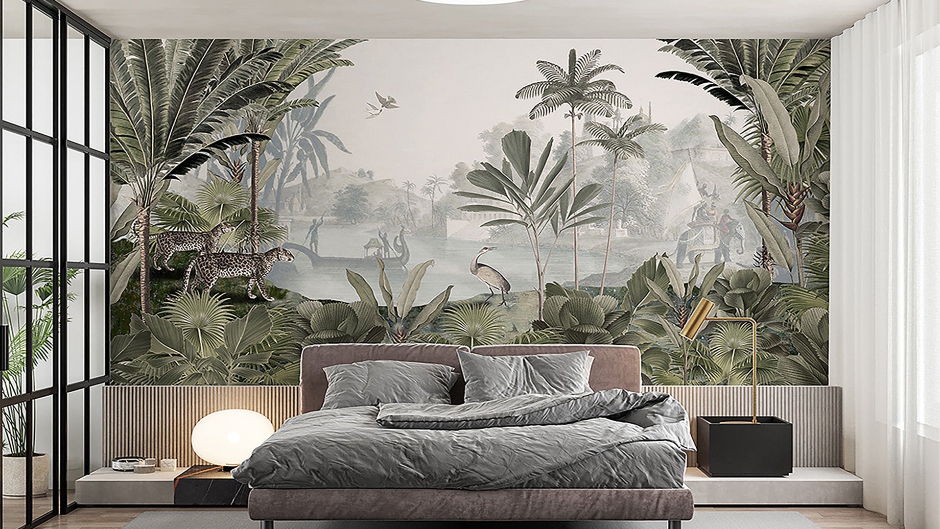 tropical green wallpaper With leopards and lakes