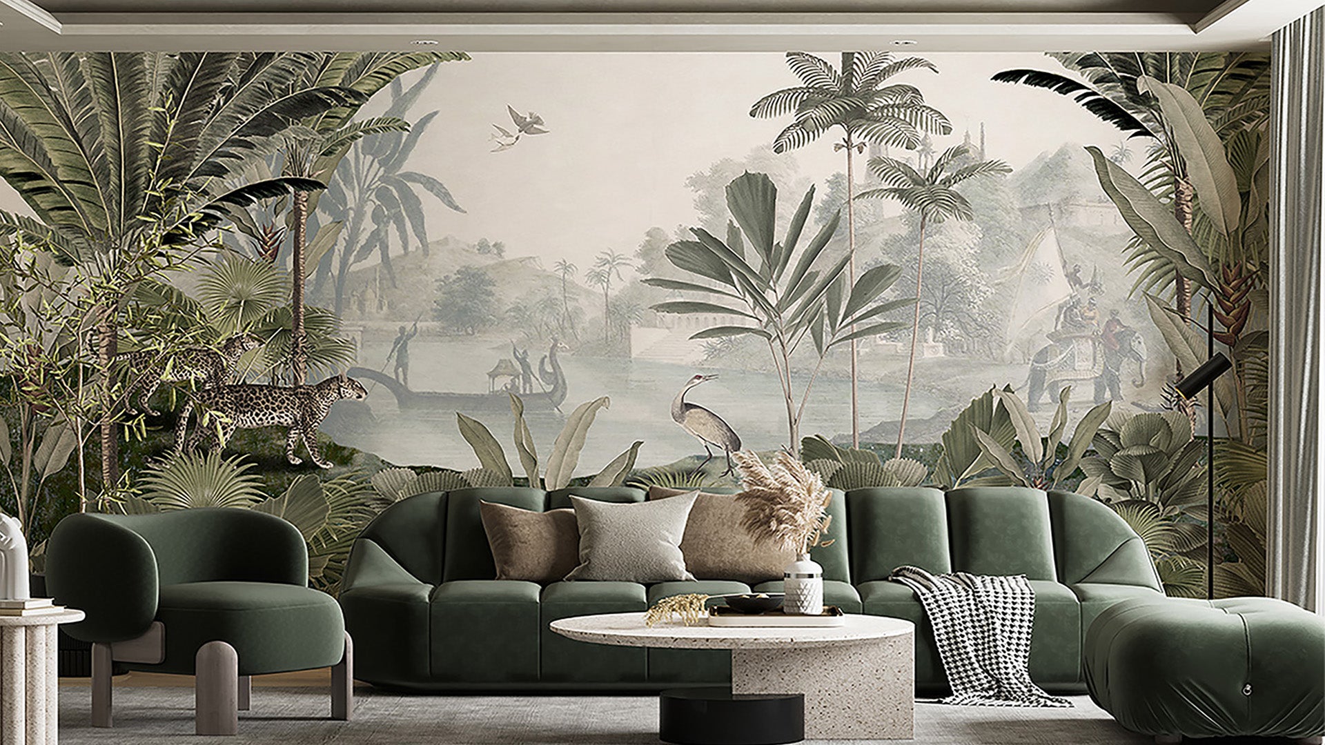 tropical green wallpaper With leopards and lakes