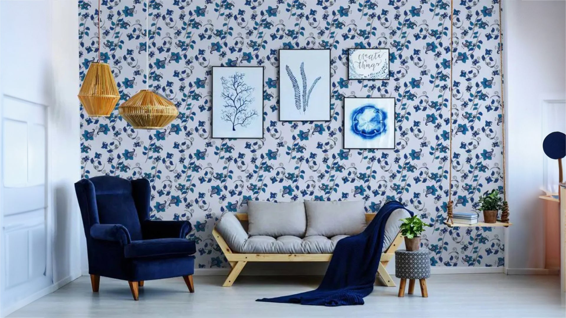 Kalamkari Ornate: Blue Color Vines Wallpaper With Flowers and White Background