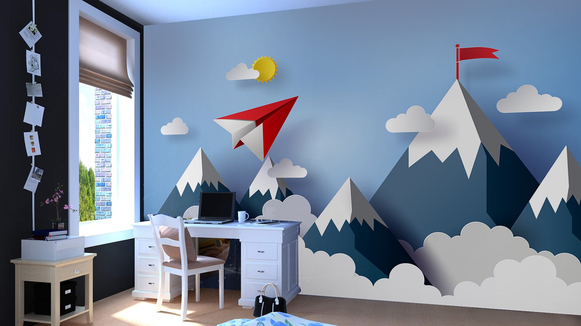 Adventure Mountain and Paper Airplane Wall Mural