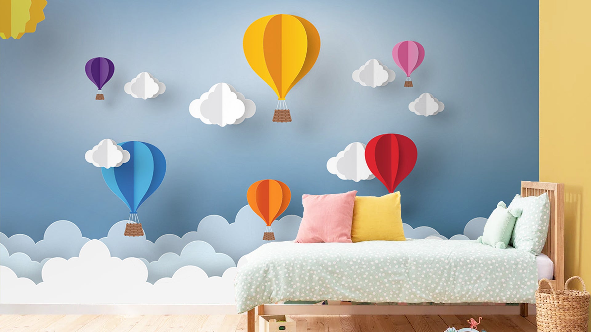 3D Balloons: Vibrant Hot Air Balloon Wall Mural With Clouds