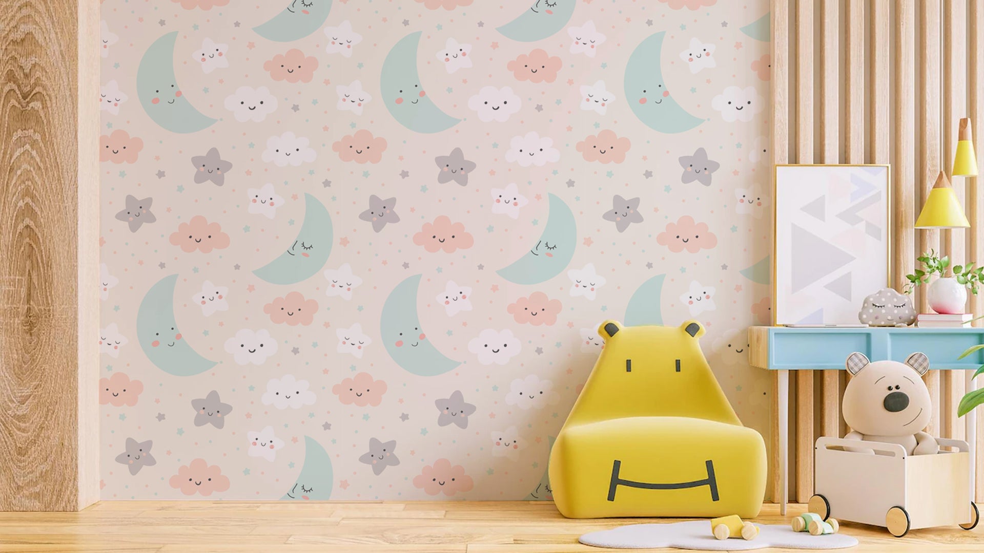 Smiley Clouds and Moons Wallpaper for Kids Room