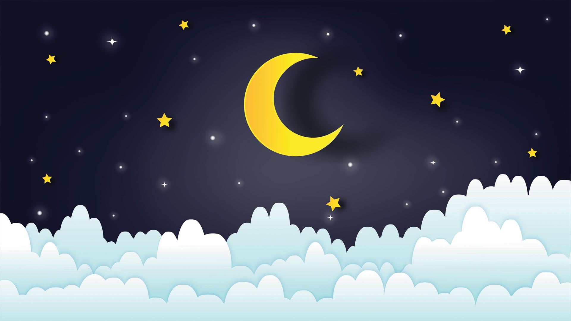Yellow Crescent: Dreamy Night Sky Wallpaper Featuring A Glowing Crescent Moon, Twinkling Yellow Stars, And Soft, Fluffy Clouds.