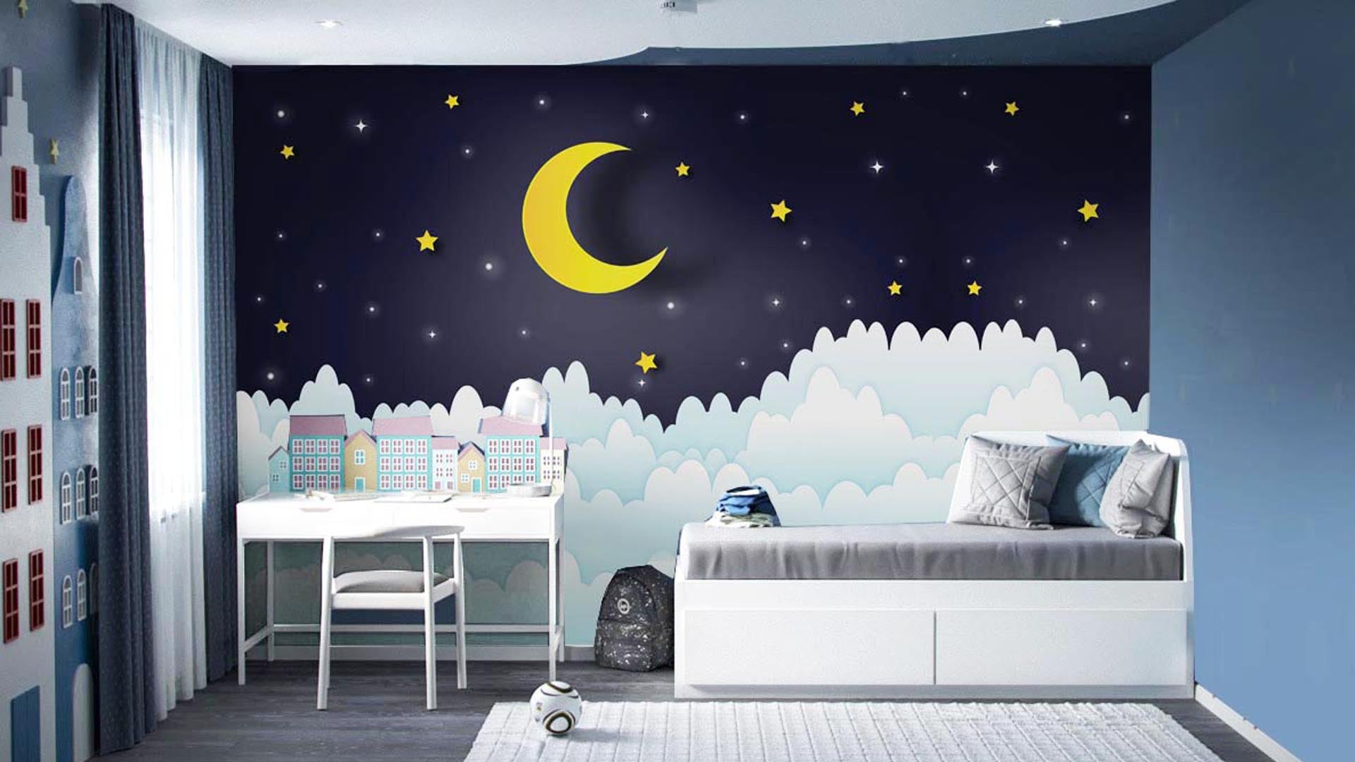 Yellow Crescent: Dreamy Night Sky Wallpaper Featuring A Glowing Crescent Moon, Twinkling Yellow Stars, And Soft, Fluffy Clouds.