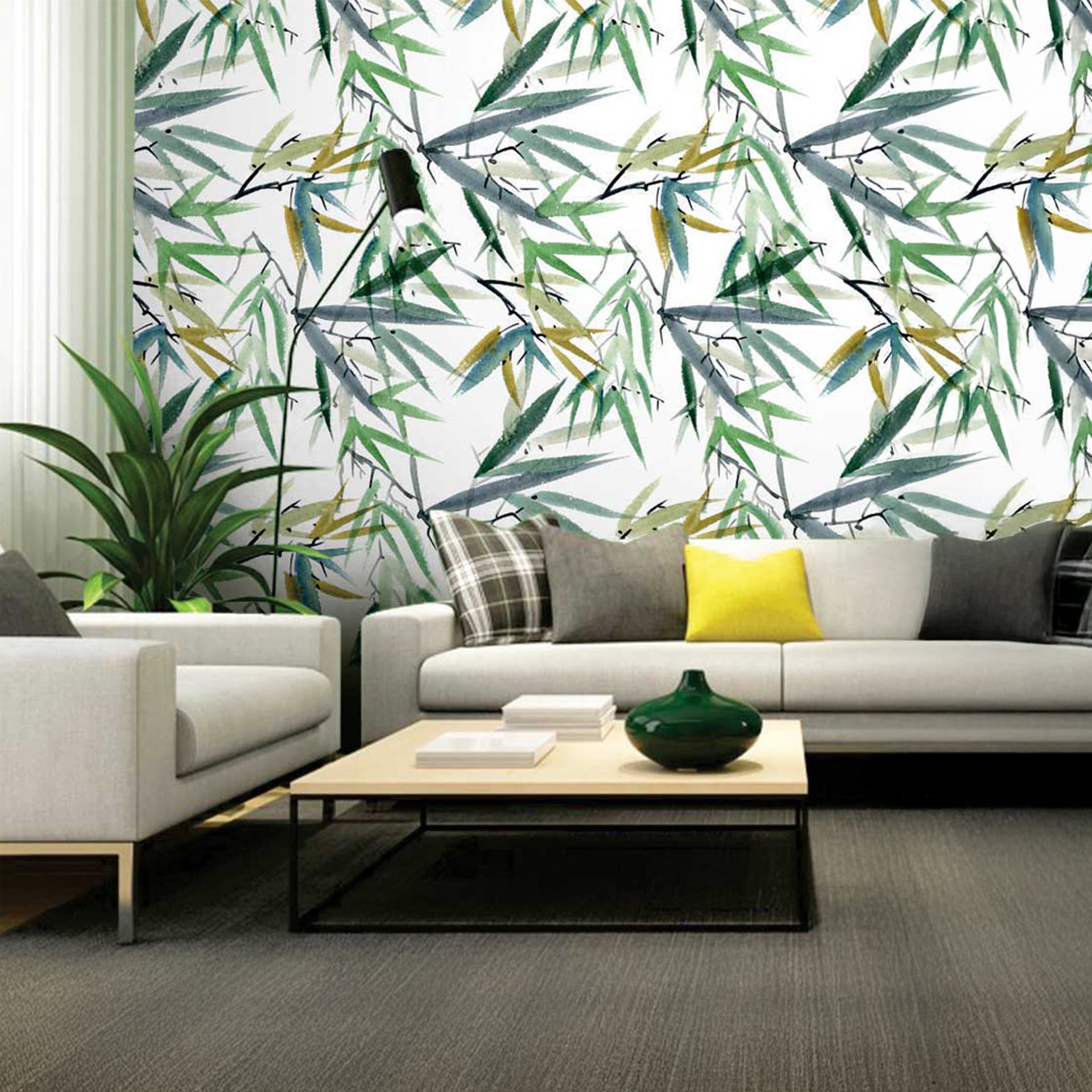 Sumi Eu Sin: Watercolor Bamboo Leaf Wallpaper In Soothing Green, Blue, And Taupe Tones. Perfect For Serene, Nature-Inspired Designs