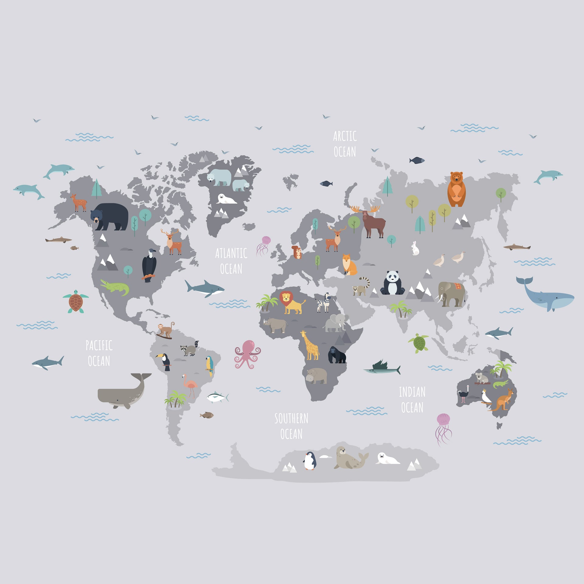 World Map with Wild Animals