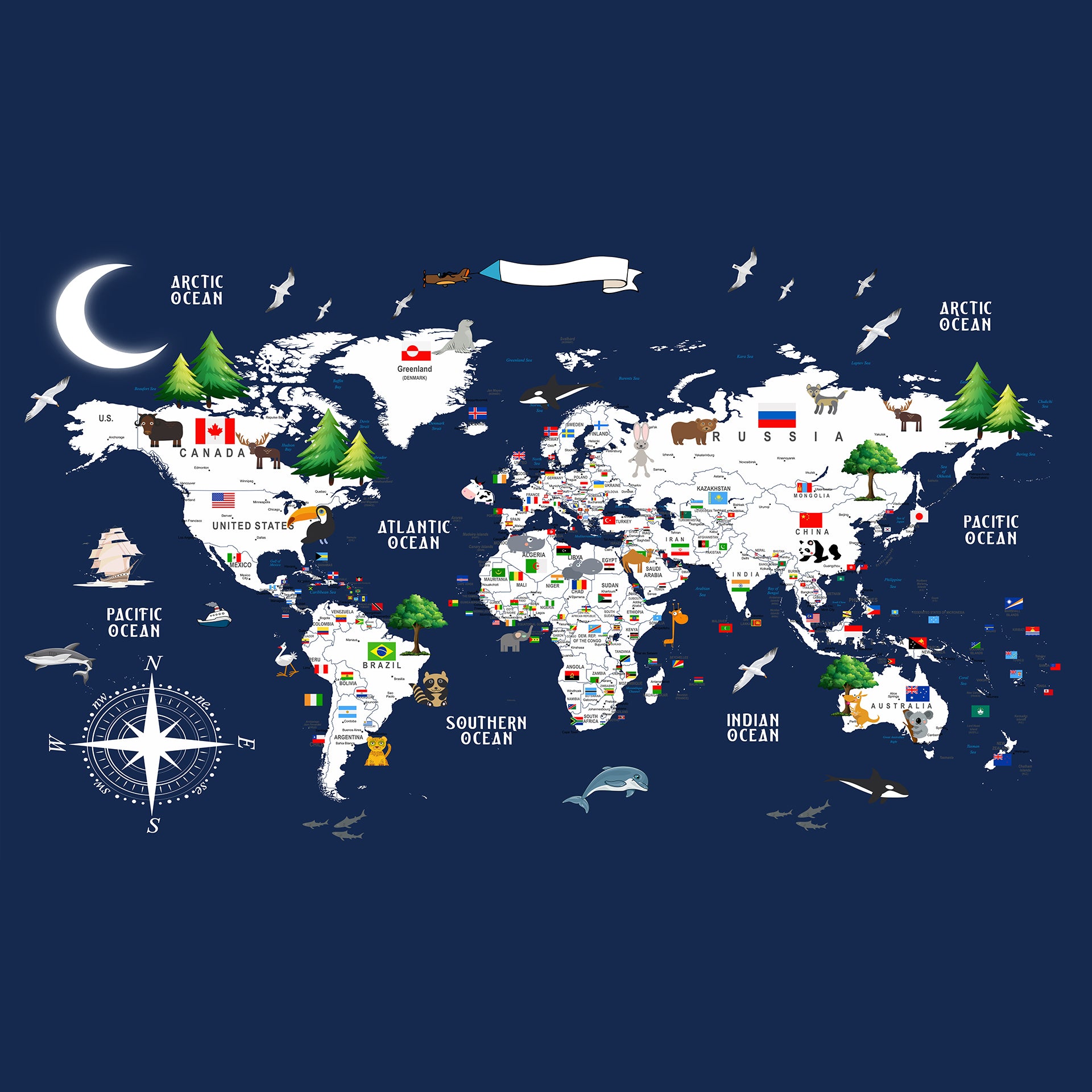 World map wallpaper with animals and country flags with dark blue background