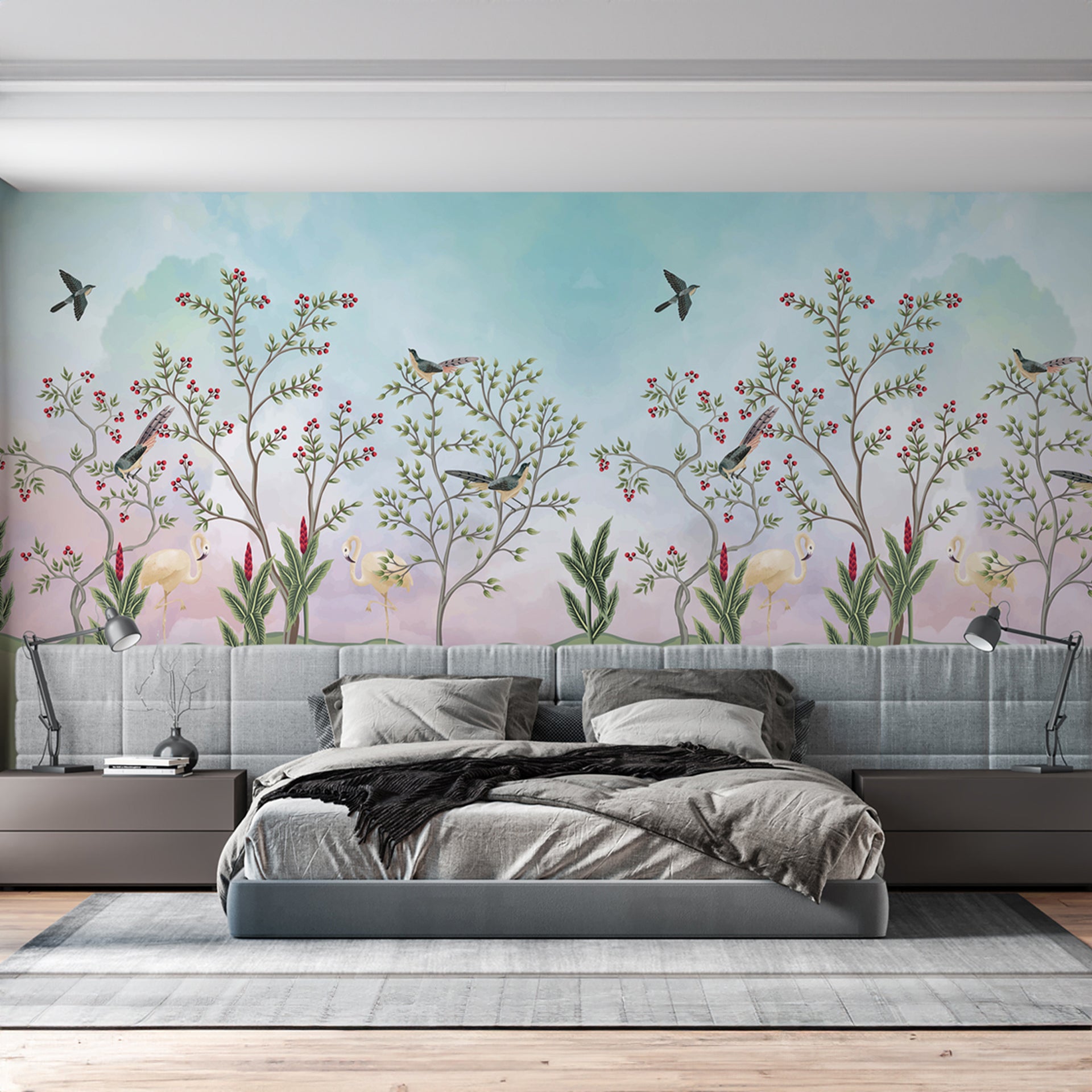 Imperial Garden: Dreamy Wallpaper Featuring Delicate Trees With Red Berries, Graceful Flamingos, Under A Soft Pastel Sky.