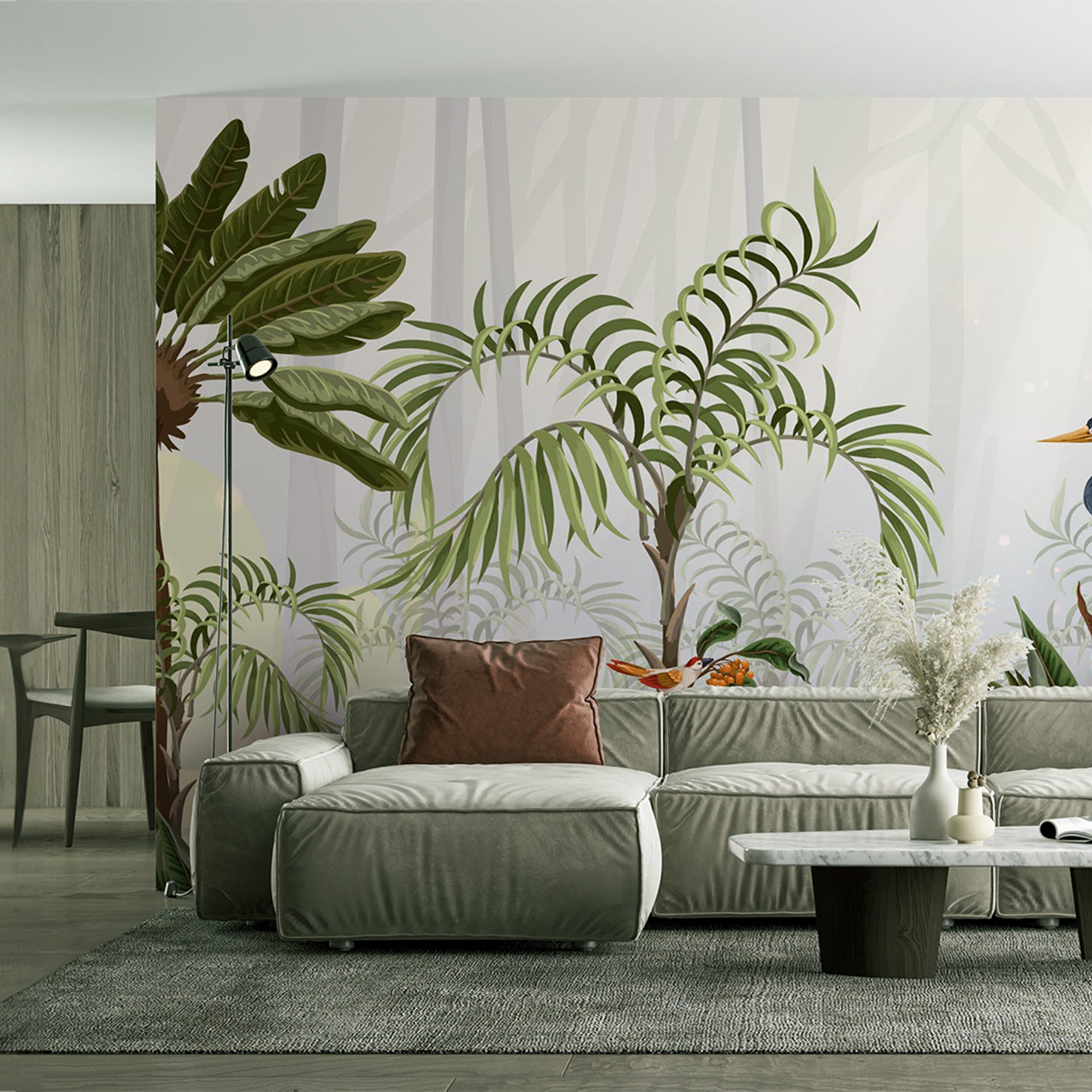 Tropical Jungle 1: Whimsical Jungle Wallpaper With Detailed Tropical Plants And Elegant Birds Against A Misty Forest Backdrop.