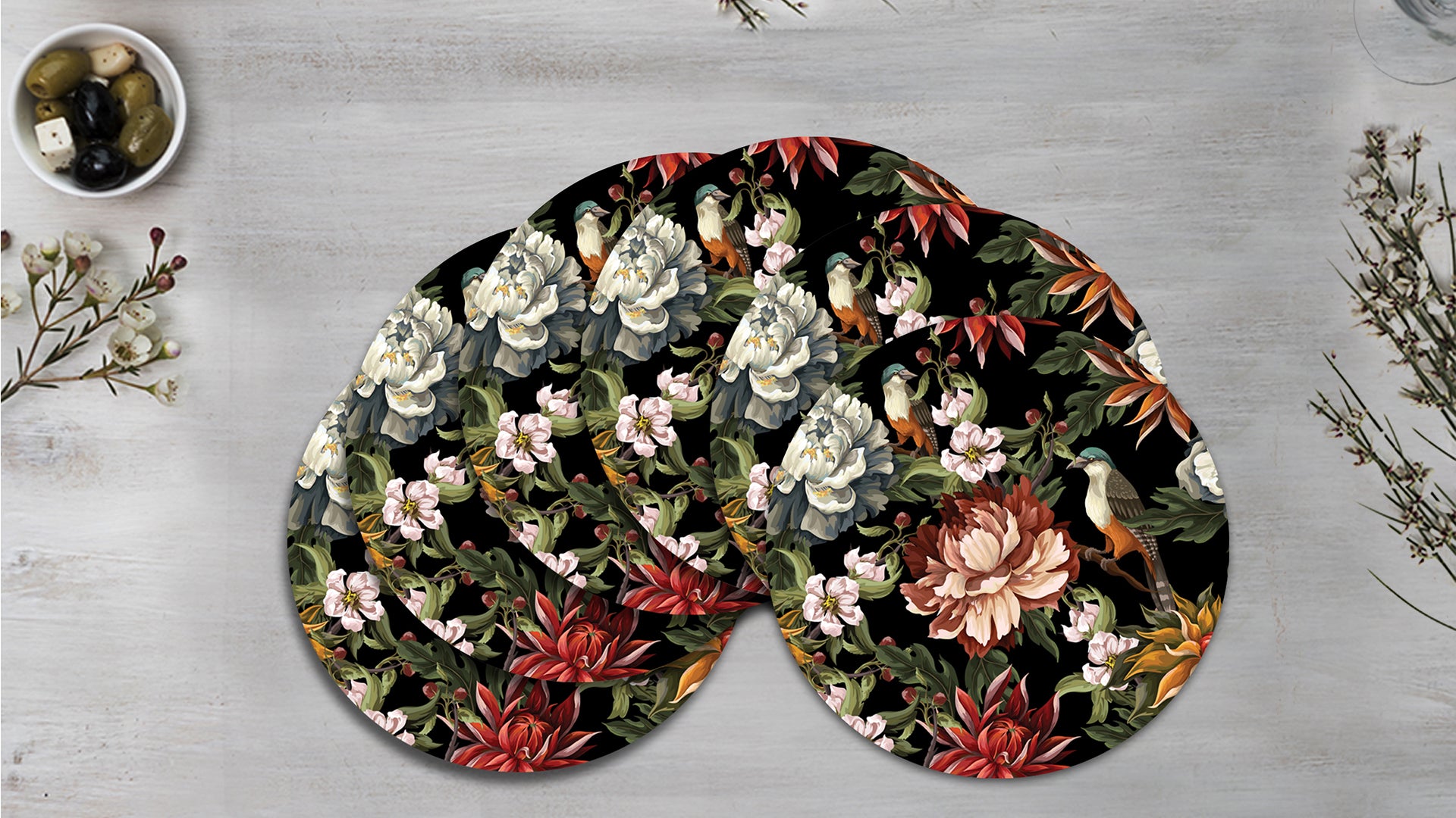 Dark Florals Premium Printed MDF Wooden Dining Table Mat