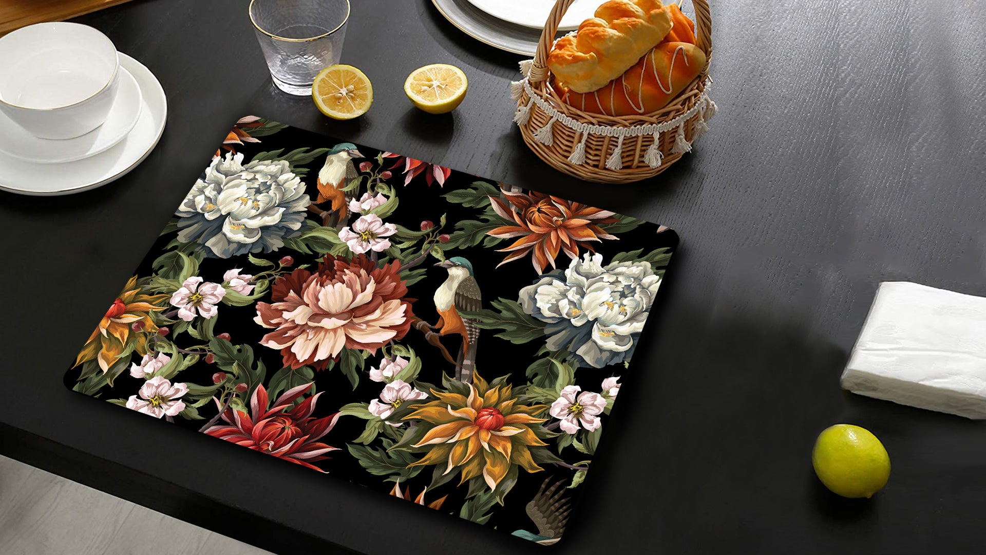 Dark Florals Premium Printed MDF Wooden Dining Table Mat