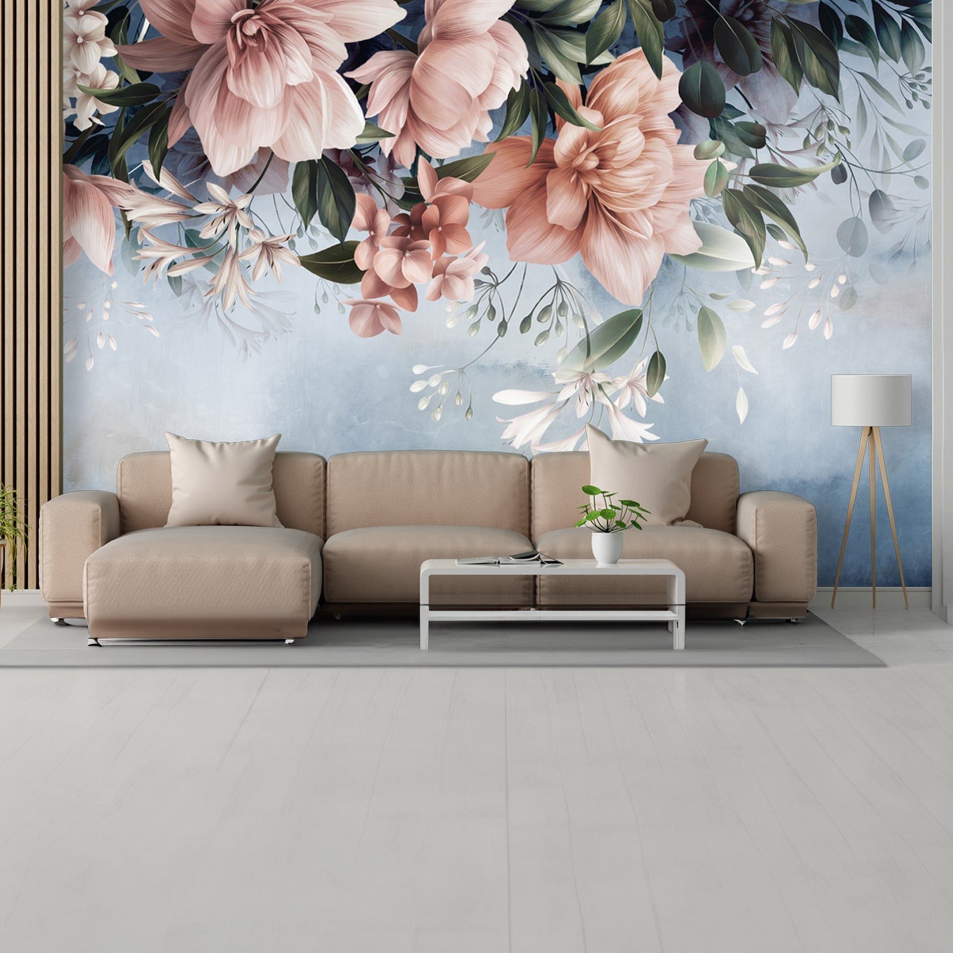Blush Pink Flora: Artistic Arrangement Of Oversized Blush Pink Flowers And Leafy Greenery Cascading From The Top