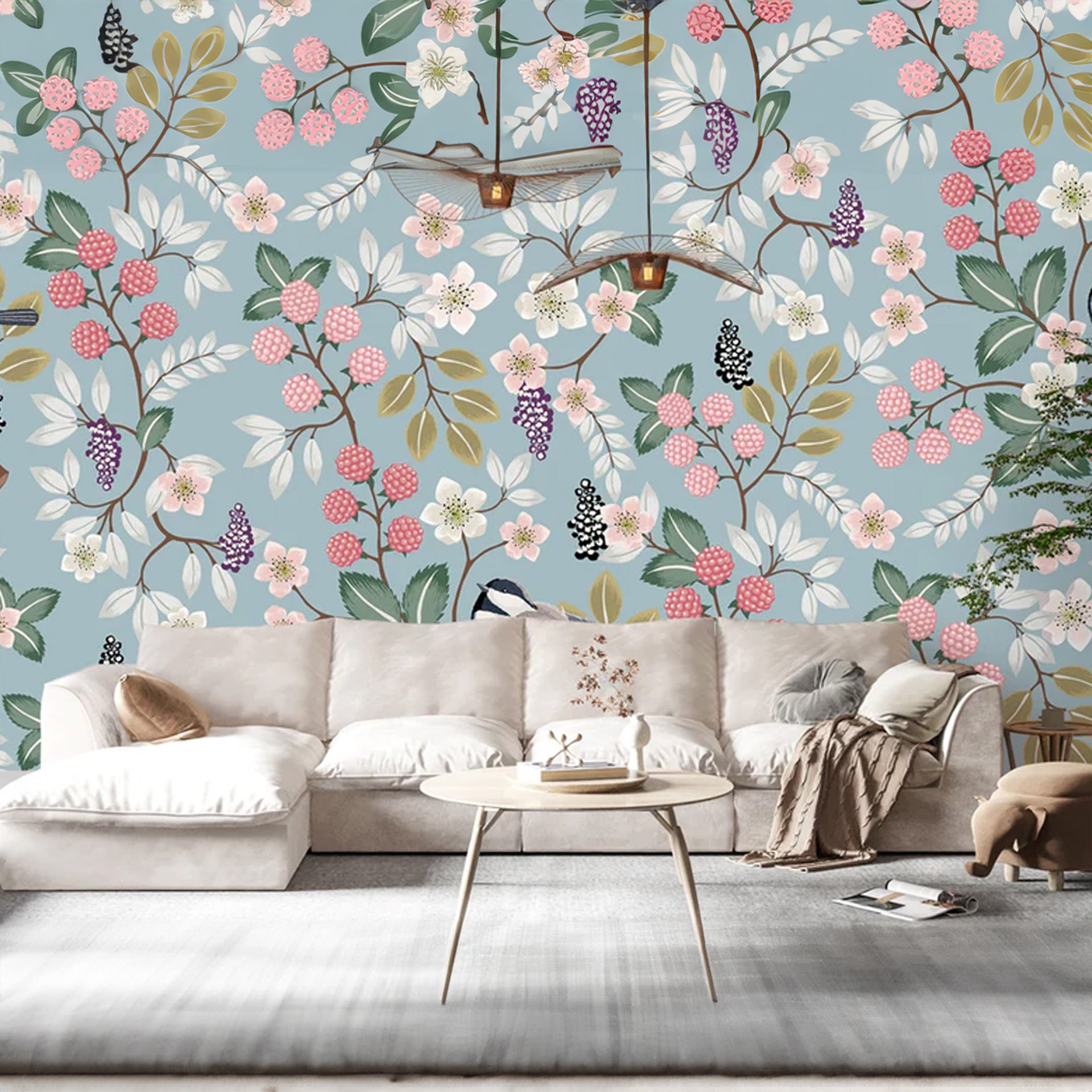 Floral Spring: Charming, Nature-Inspired Wallpaper With Delicate Birds Surrounded By Clusters Of Pink And Purple Berries, Blooming Flowers, And Lush Green Leaves.