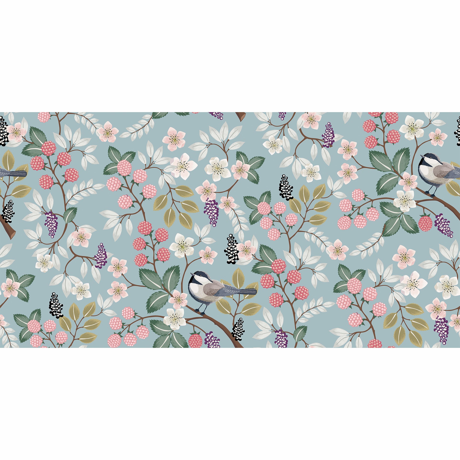 Floral Spring: Charming, Nature-Inspired Wallpaper With Delicate Birds Surrounded By Clusters Of Pink And Purple Berries, Blooming Flowers, And Lush Green Leaves.