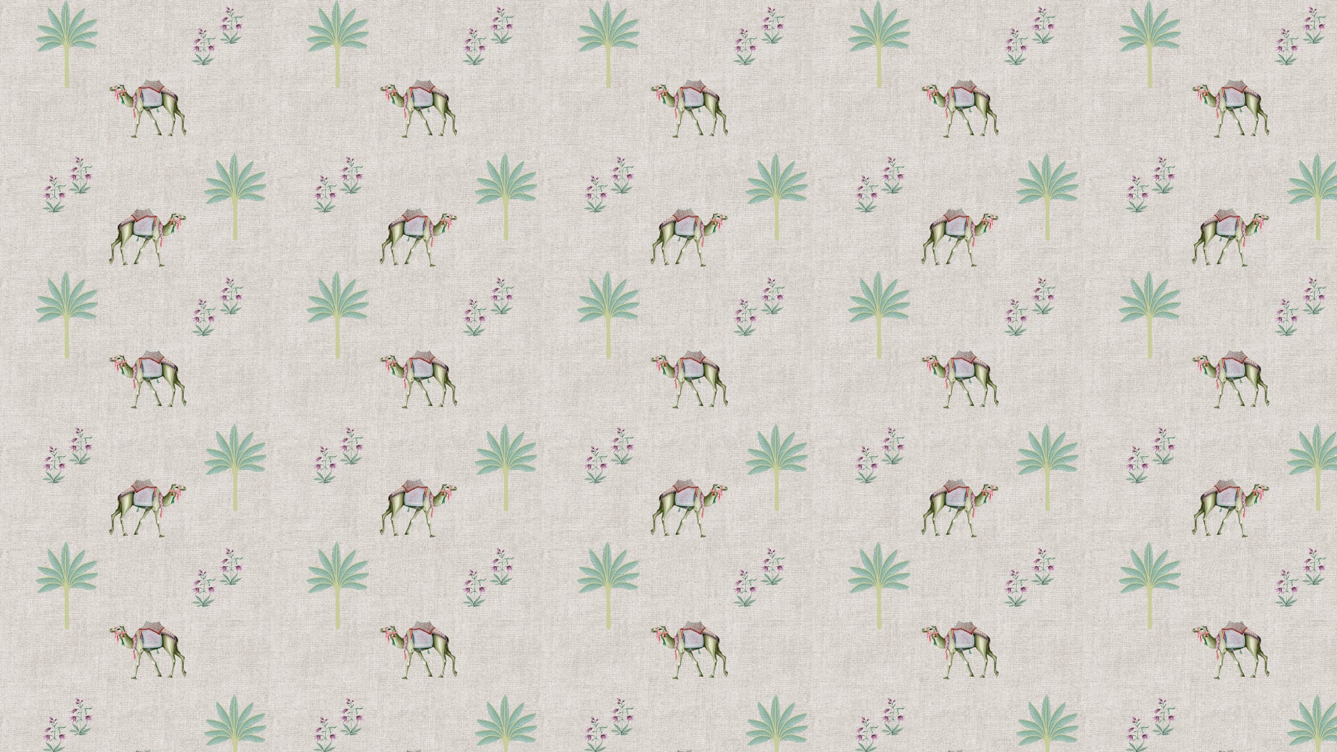 Desert Inspired Wallpaper with Camels and Palm Trees