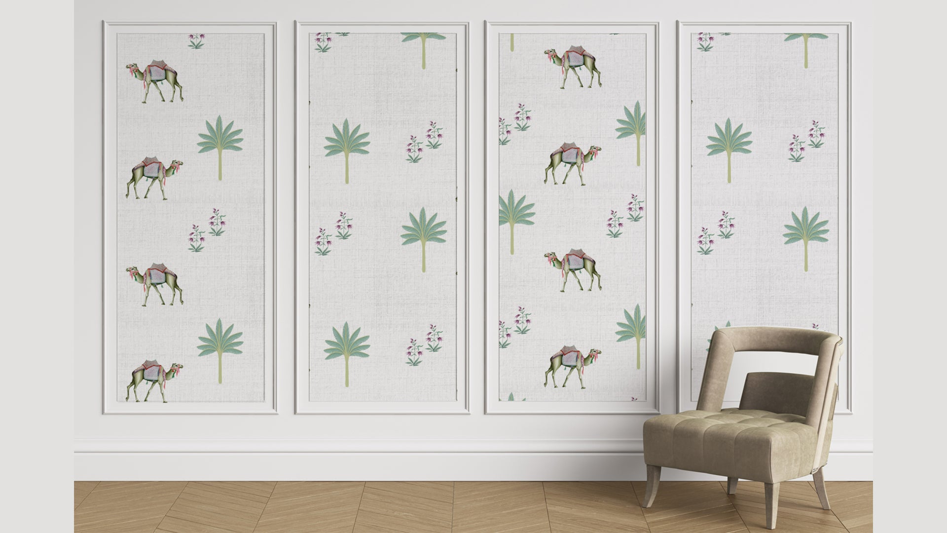 Desert Inspired Wallpaper with Camels and Palm Trees