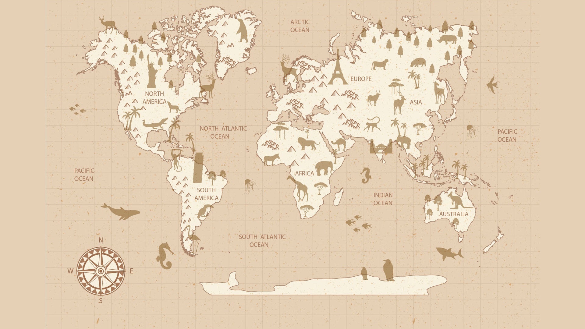 Vintage World Map Wallpaper with Terrestrial and Marine animals