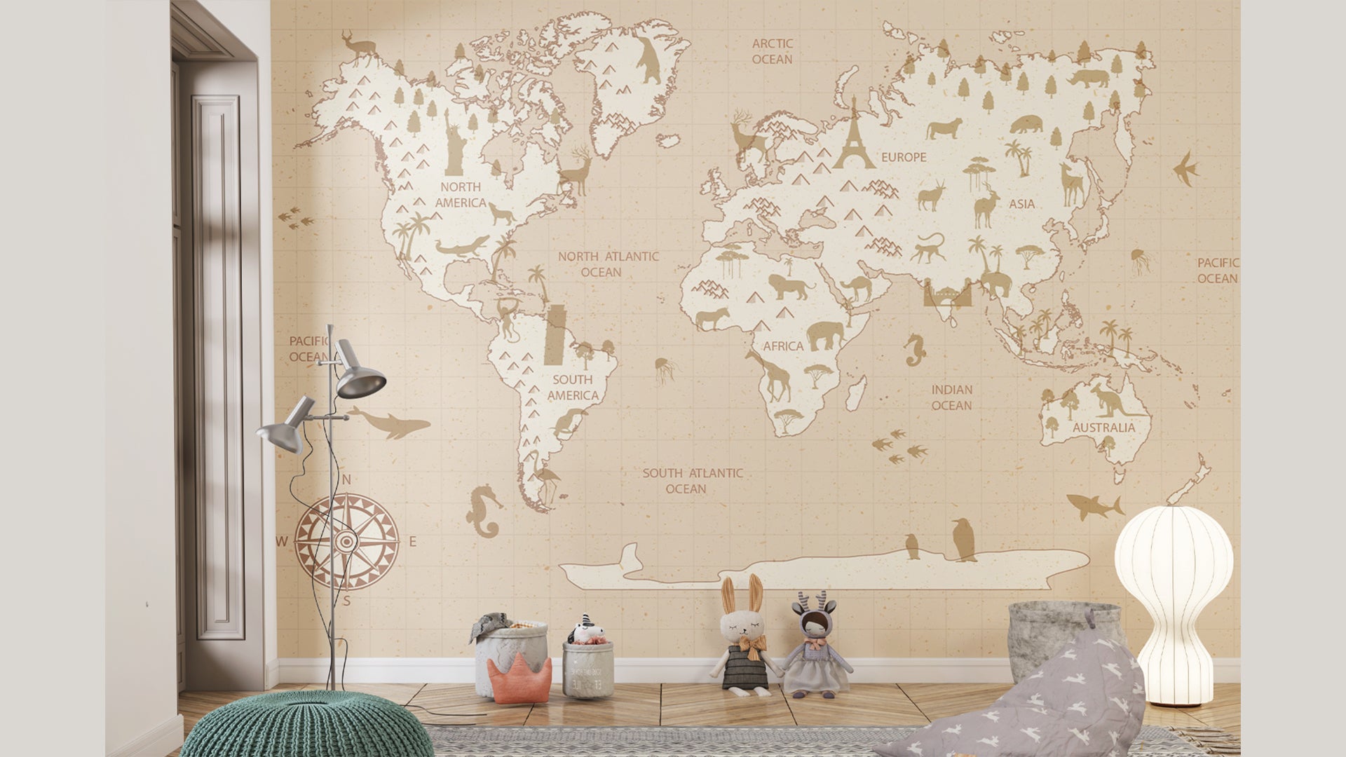 Vintage World Map Wallpaper with Terrestrial and Marine animals