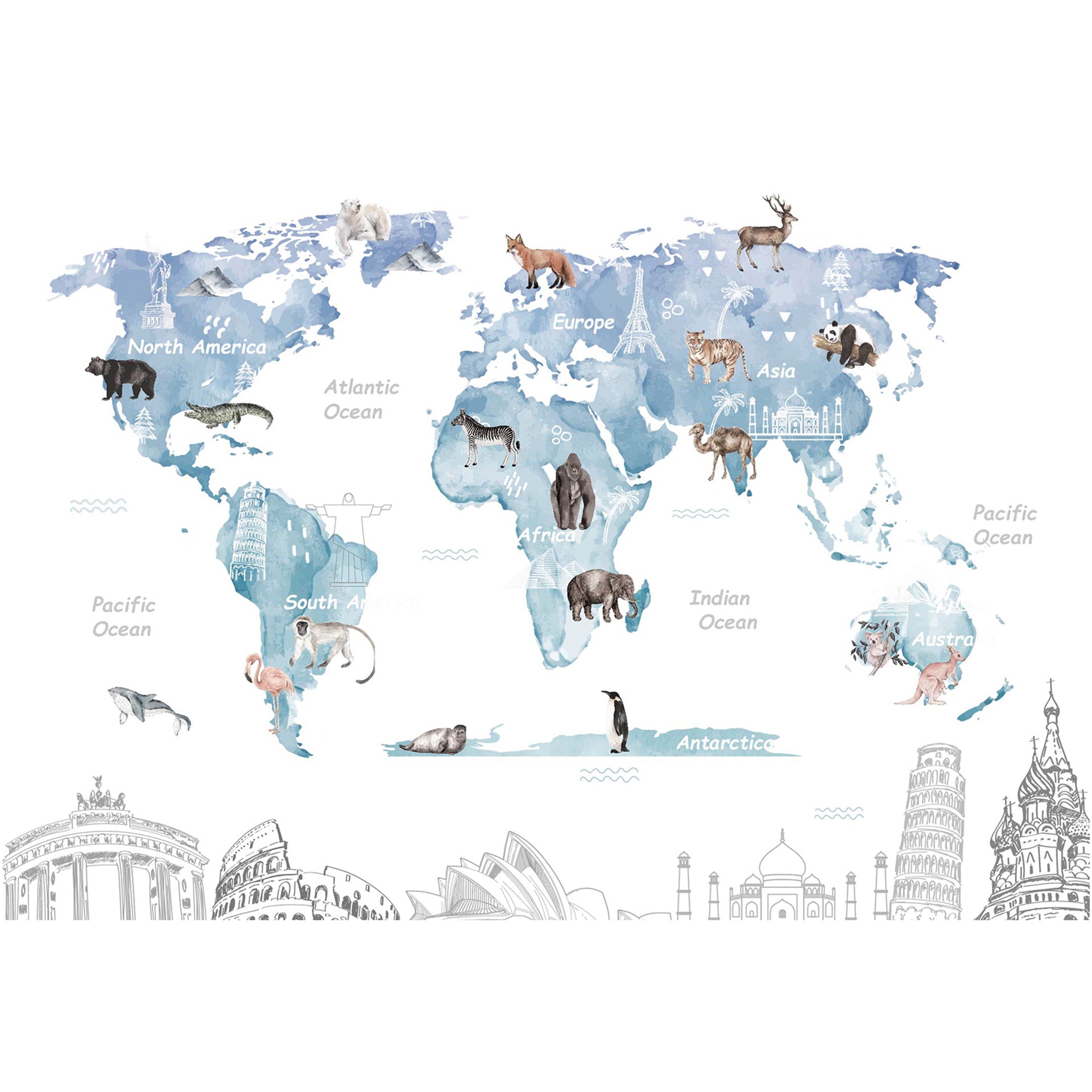 World Map Wallpaper with Wildlife Adventure for Kids