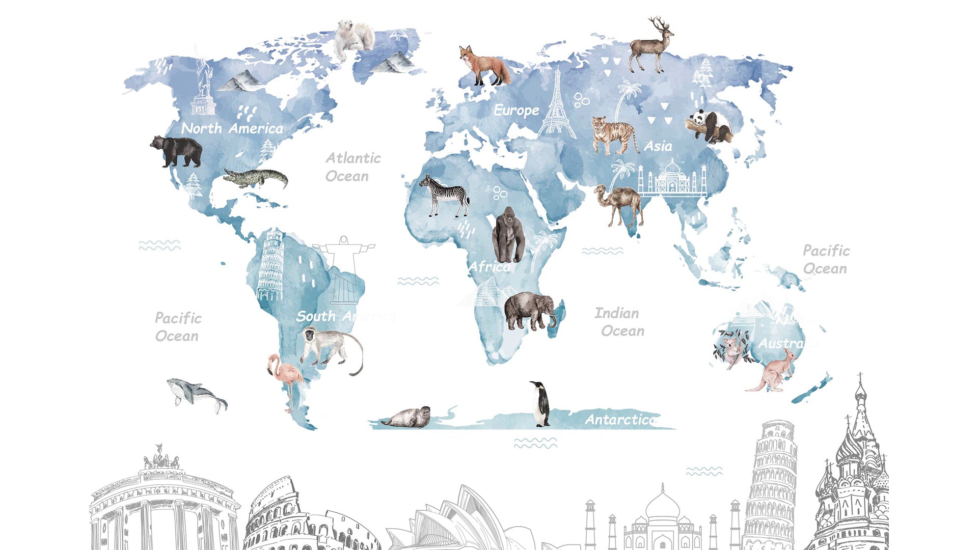 World Map Wallpaper with Wildlife Adventure for Kids