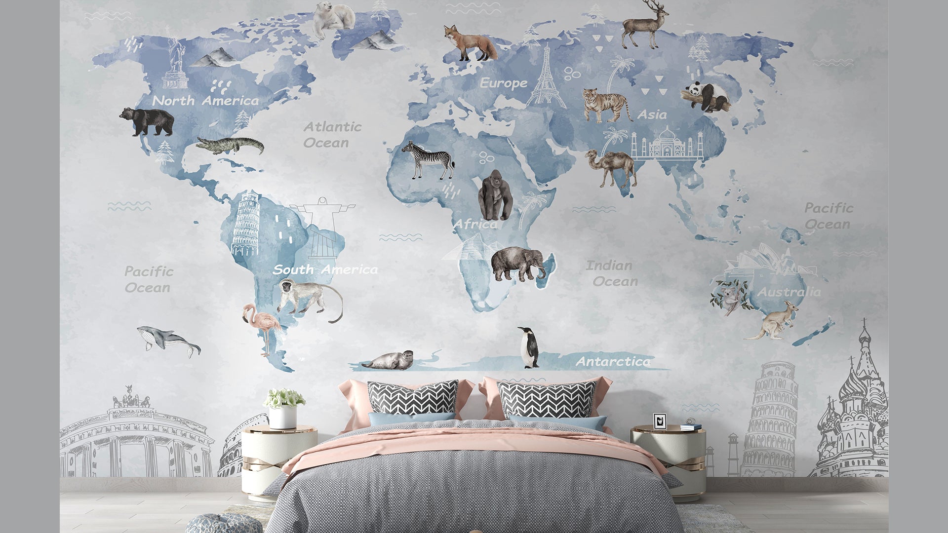 World Map Wallpaper with Wildlife Adventure for Kids