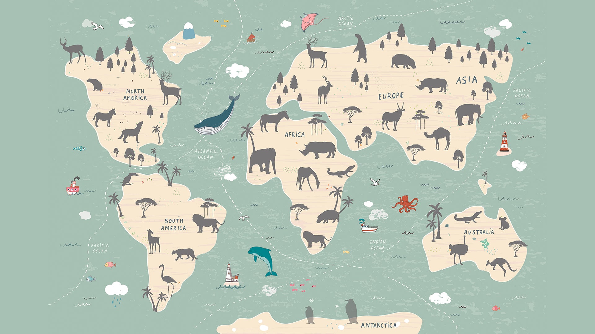 Green World Map Wallpaper with Animals Across Different Continents