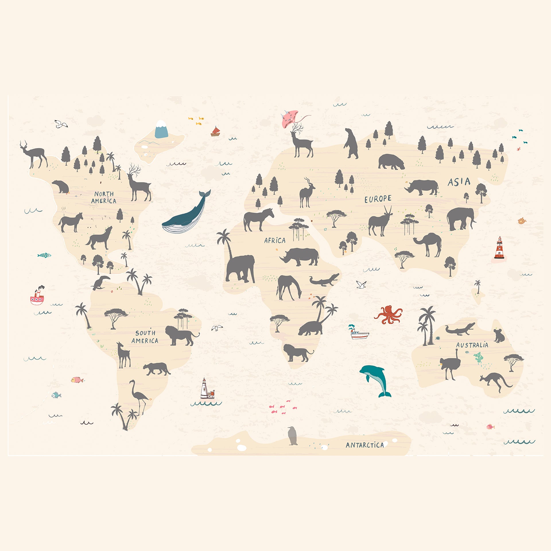 World Map Wallpaper for Kids with Aquatic and land Animal
